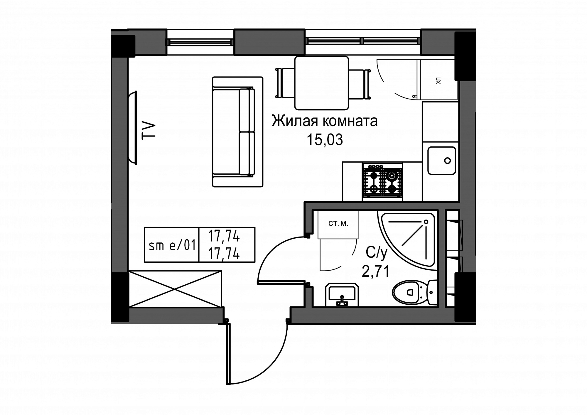 Planning Smart flats area 17.74m2, UM-003-02/0015.