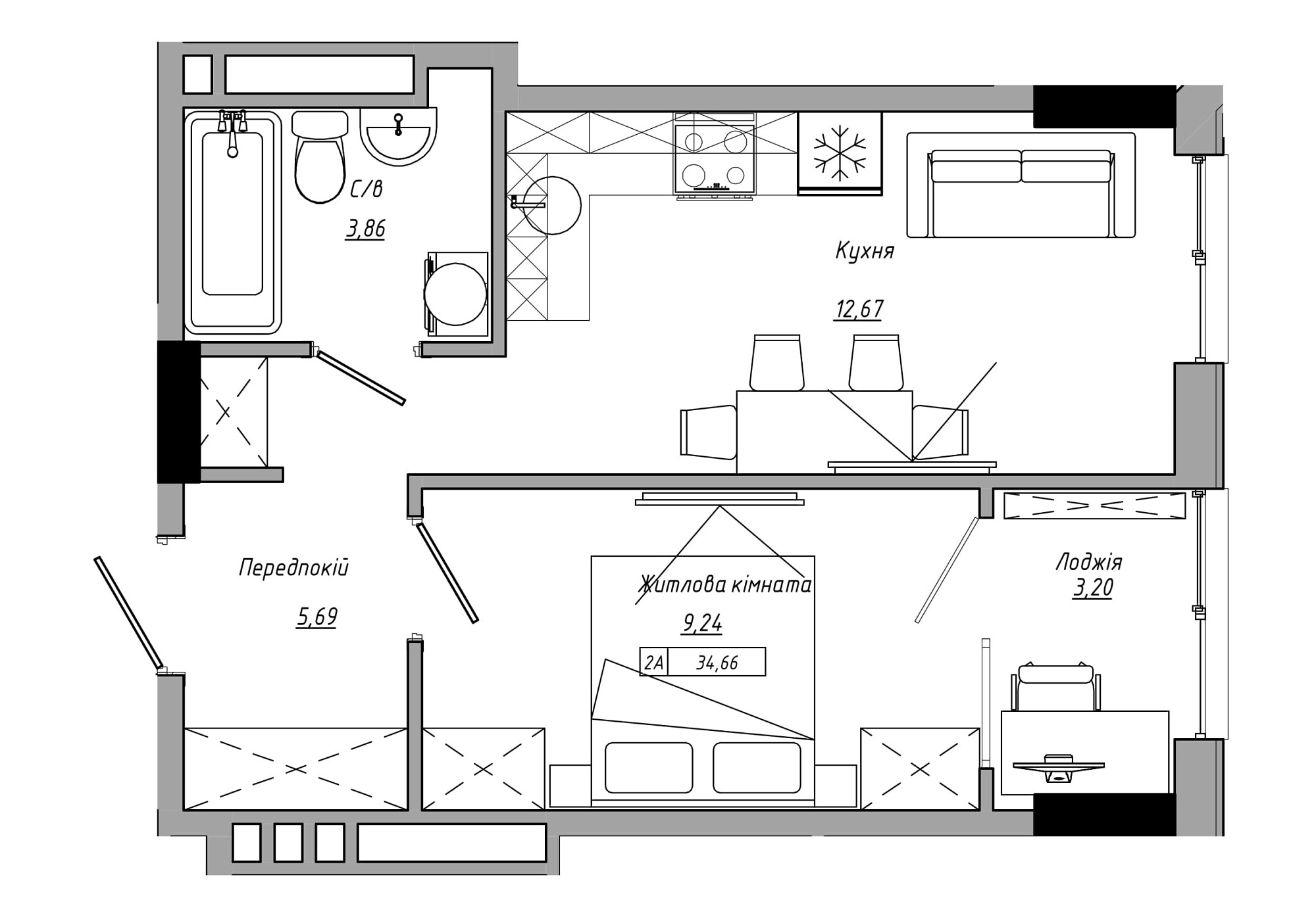 Планування 1-к квартира площею 34.66м2, AB-21-08/00002.