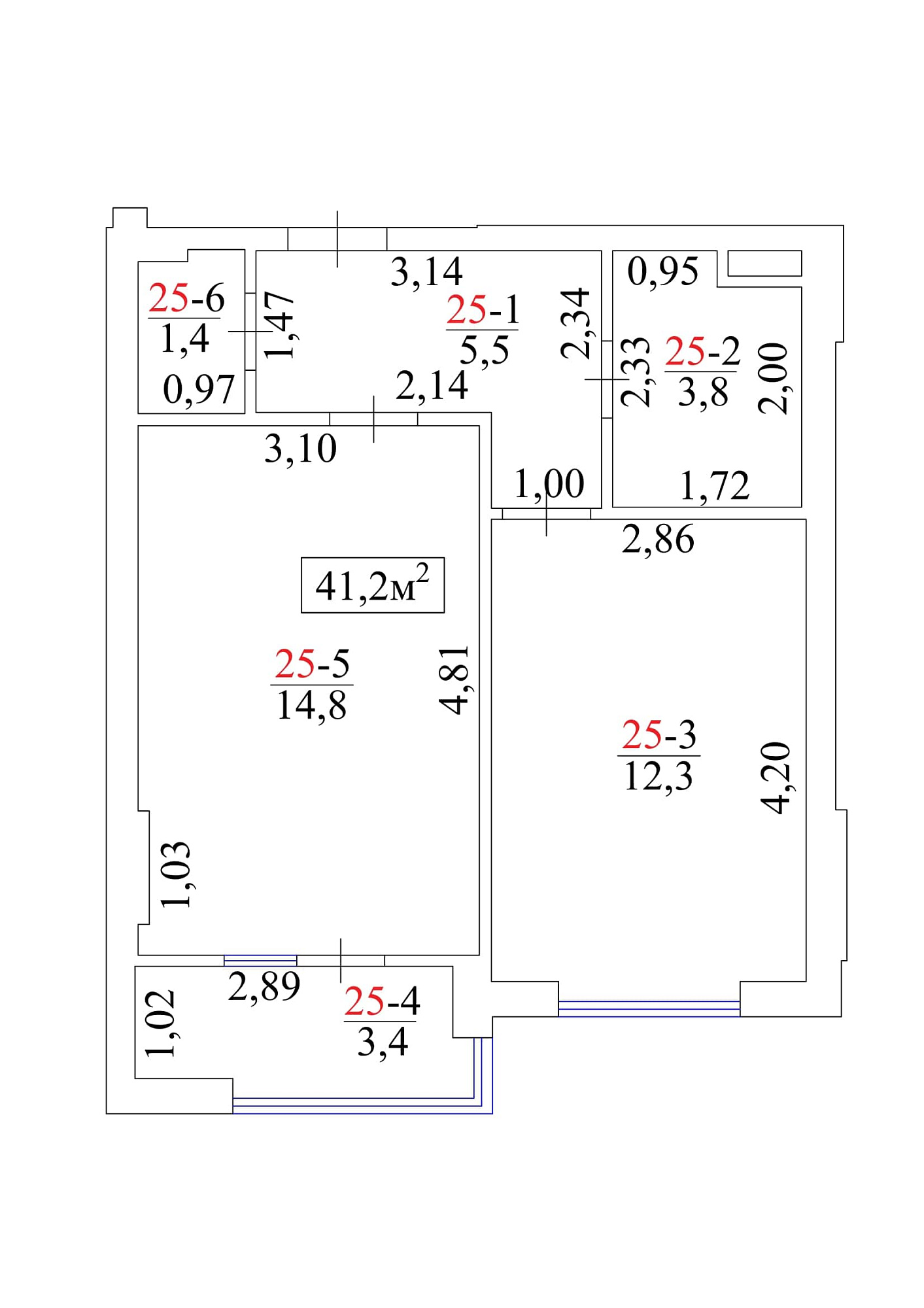 Планування 1-к квартира площею 41.2м2, AB-01-03/00025.