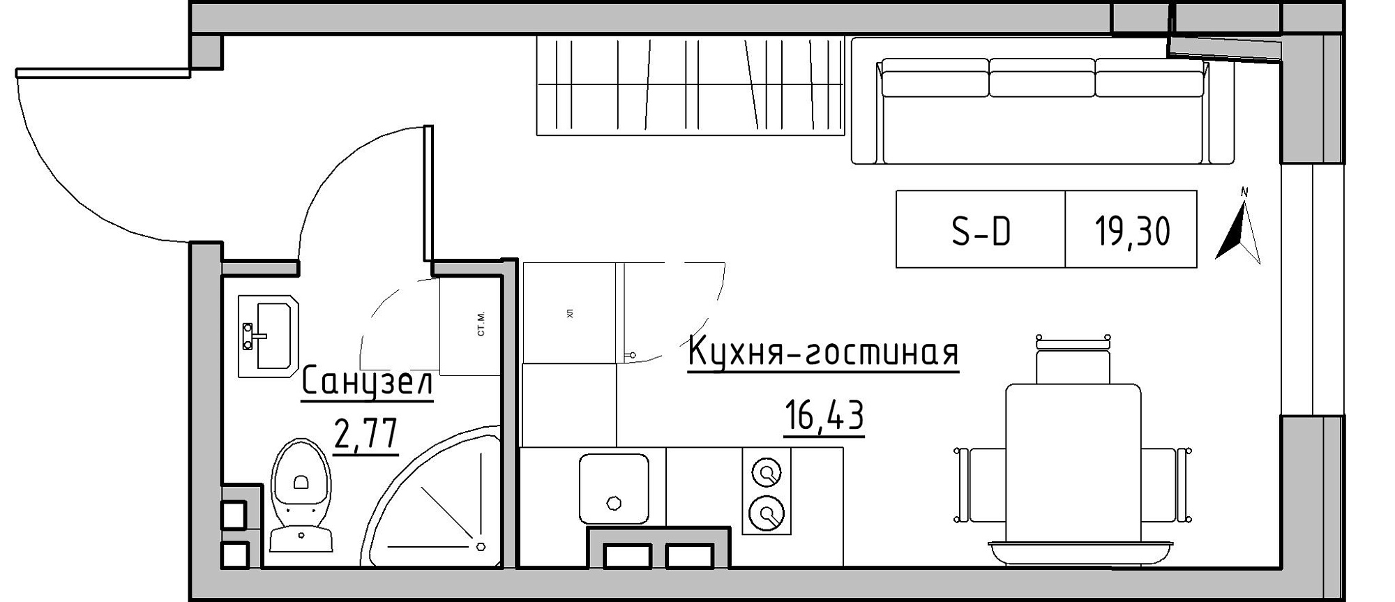 Планування Smart-квартира площею 19.3м2, KS-024-02/0014.