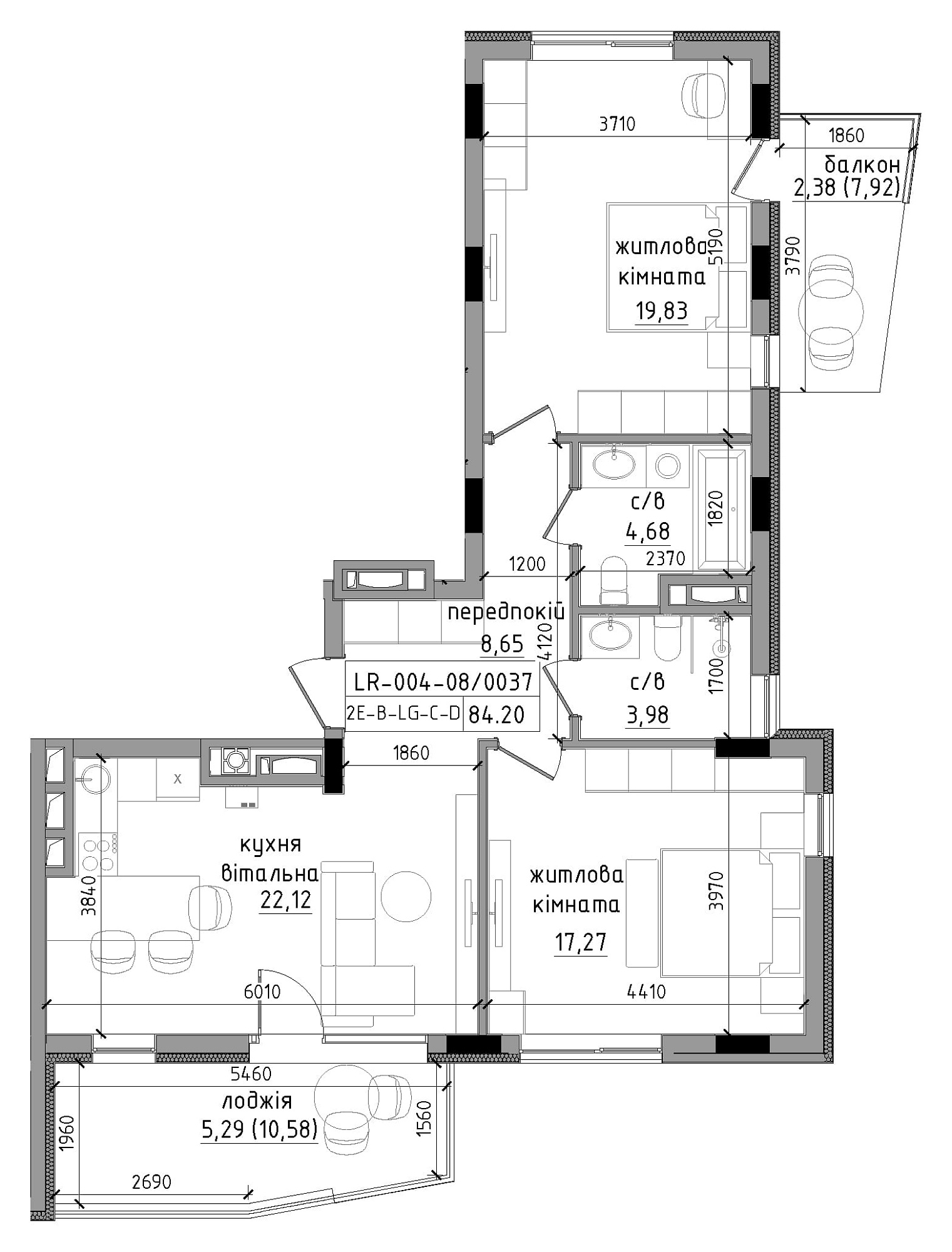 Planning 2-rm flats area 84.2m2, LR-004-08/0037.