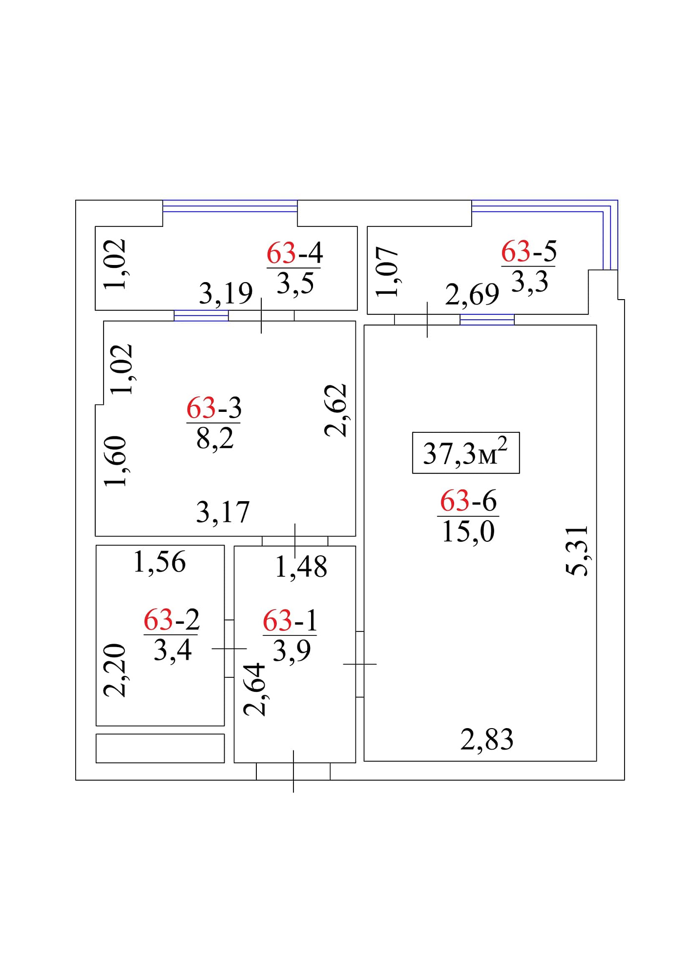 Планировка 1-к квартира площей 37.3м2, AB-01-07/0060а.