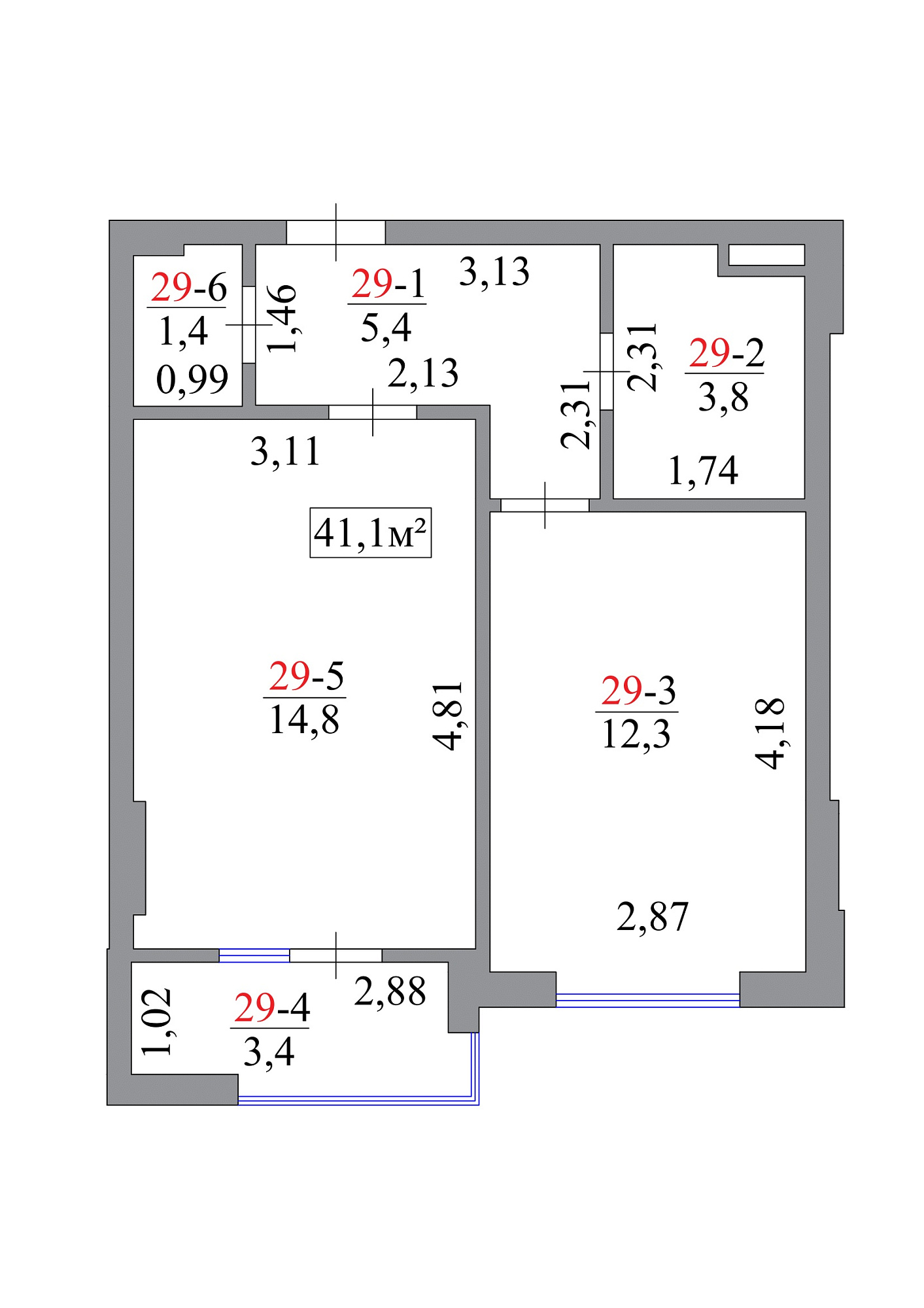 Планировка 1-к квартира площей 41.1м2, AB-07-03/00026.