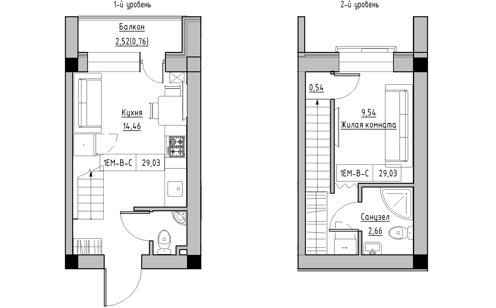 Planning 2-lvl flats area 29.03m2, KS-022-05/0006.