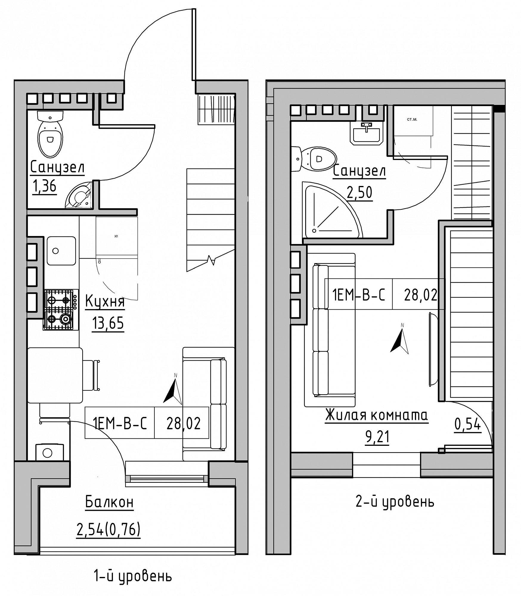 Планировка 2-x уровневая площей 28.02м2, KS-024-05/0006.