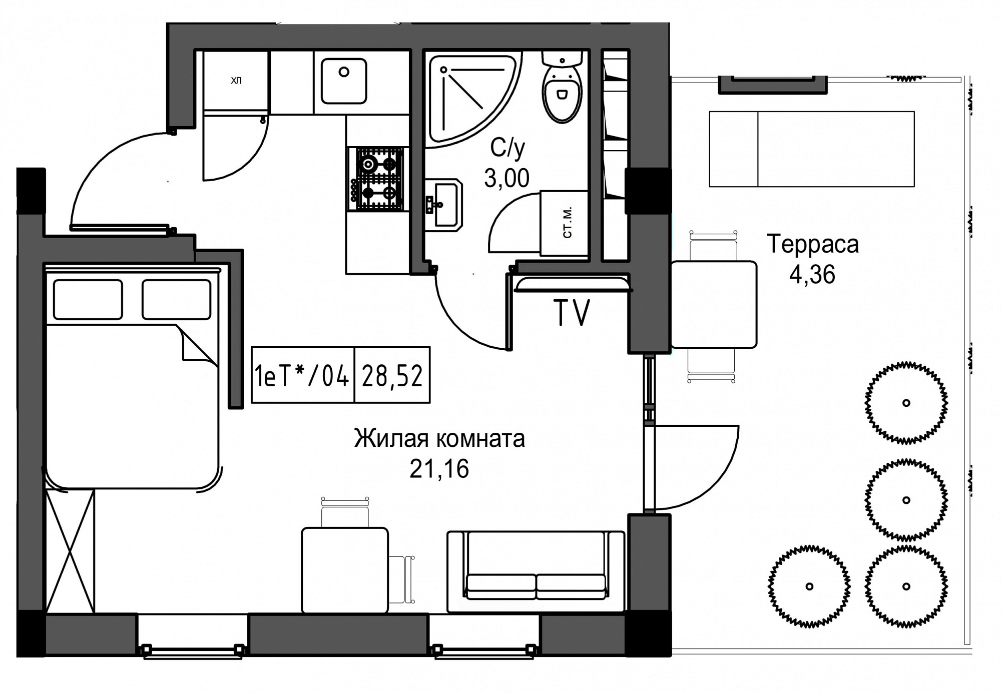Планировка 1-к квартира площей 28.52м2, UM-002-05/0045.