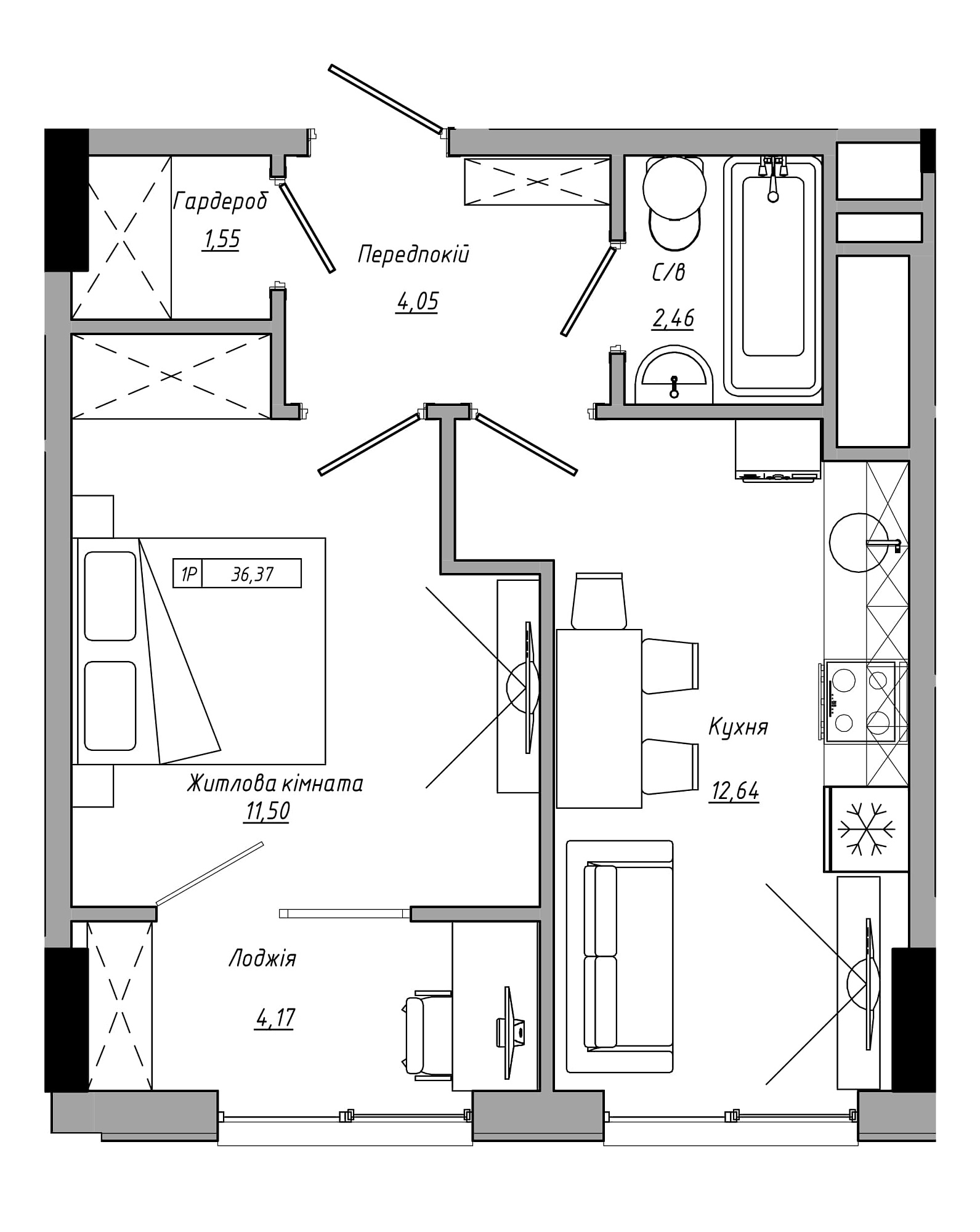 Планування 1-к квартира площею 36.37м2, AB-21-09/00020.