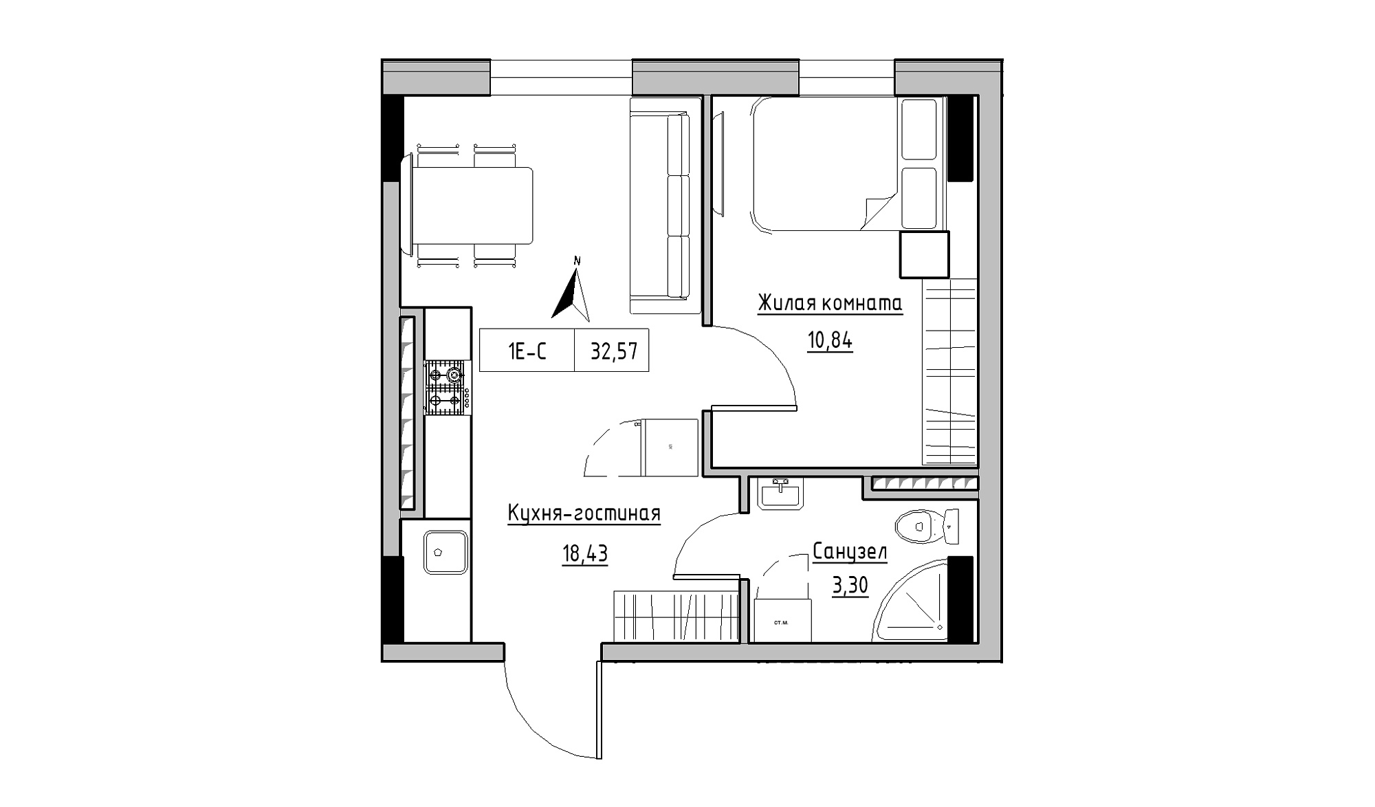 Планировка 1-к квартира площей 32.57м2, KS-025-06/0011.