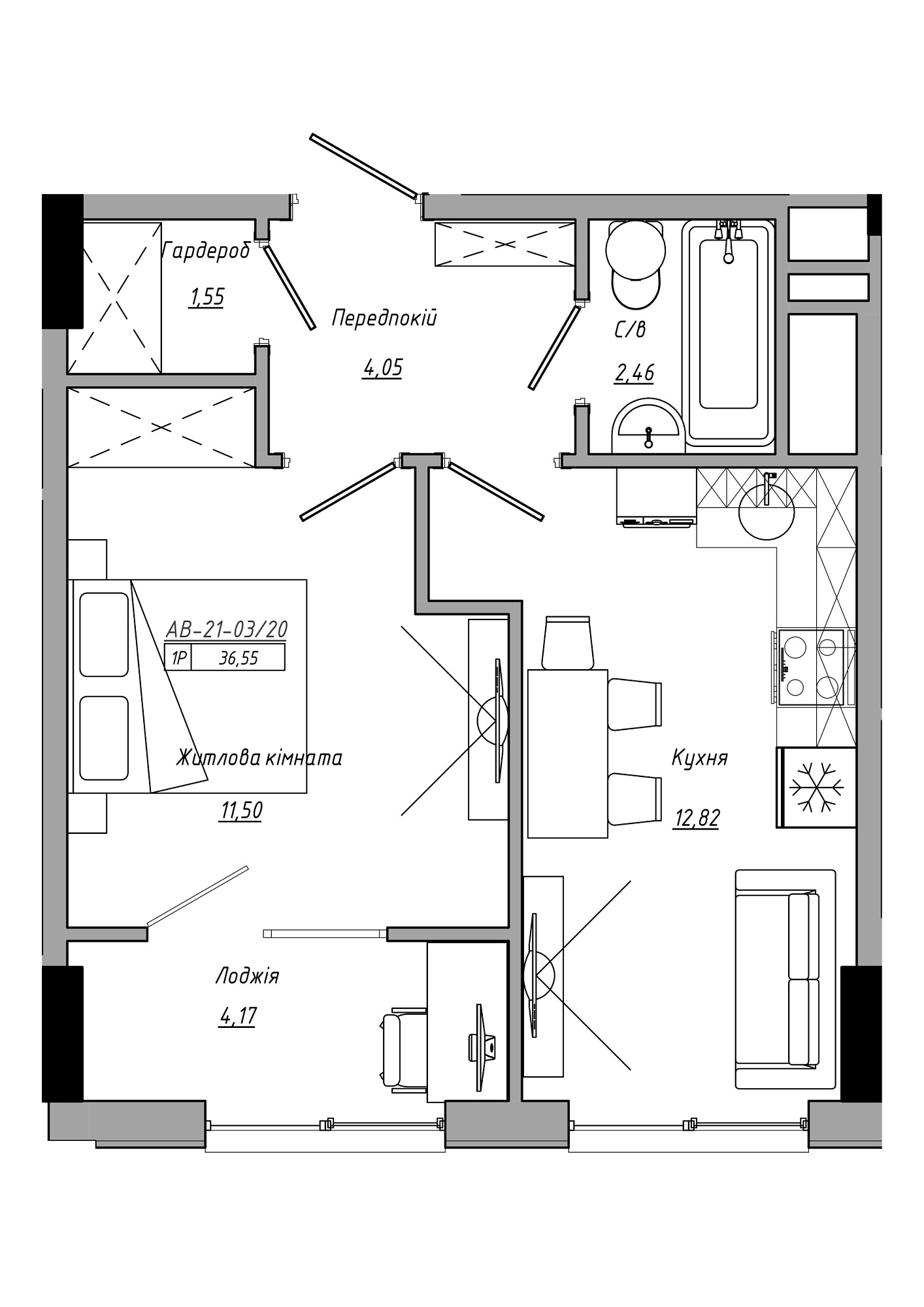 Планировка 1-к квартира площей 36.55м2, AB-21-03/00020.