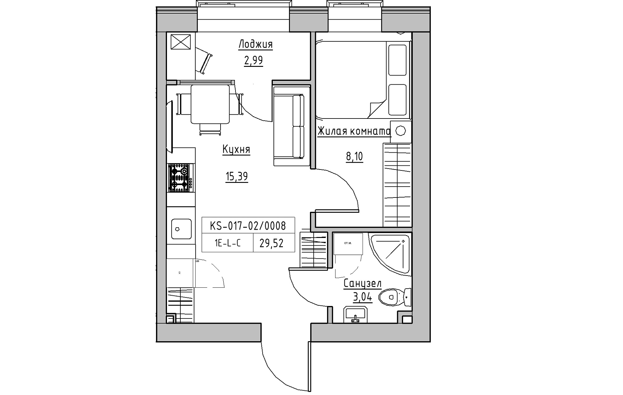 Планировка 1-к квартира площей 29.52м2, KS-017-02/0008.