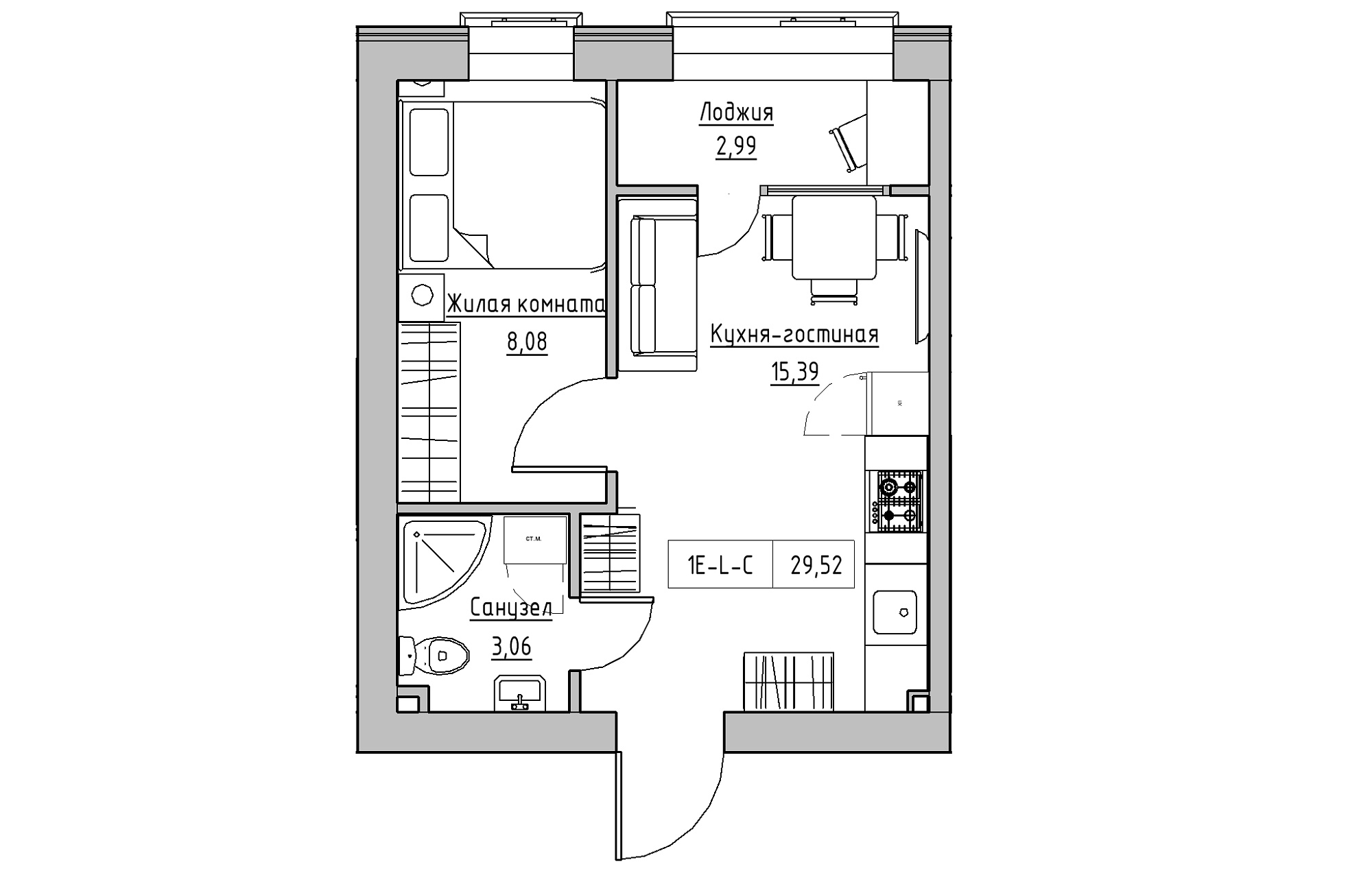 Планировка 1-к квартира площей 29.52м2, KS-018-01/0006.