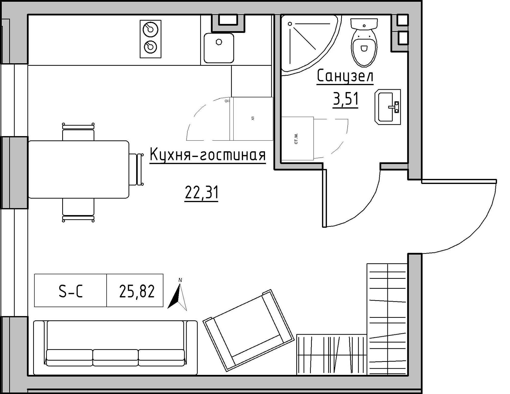 Планування Smart-квартира площею 25.82м2, KS-024-01/0009.