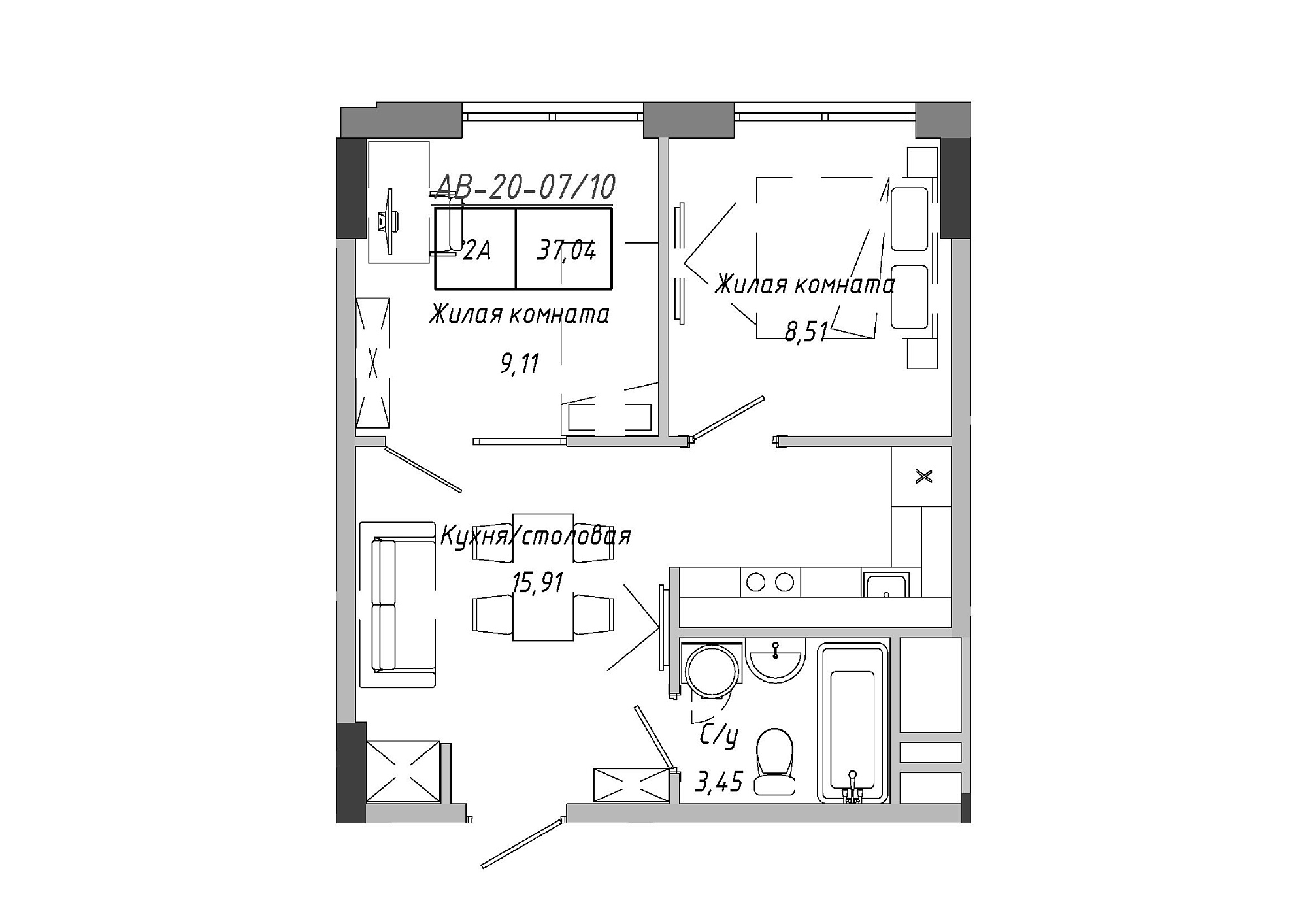 Планування 2-к квартира площею 37.15м2, AB-20-07/00010.
