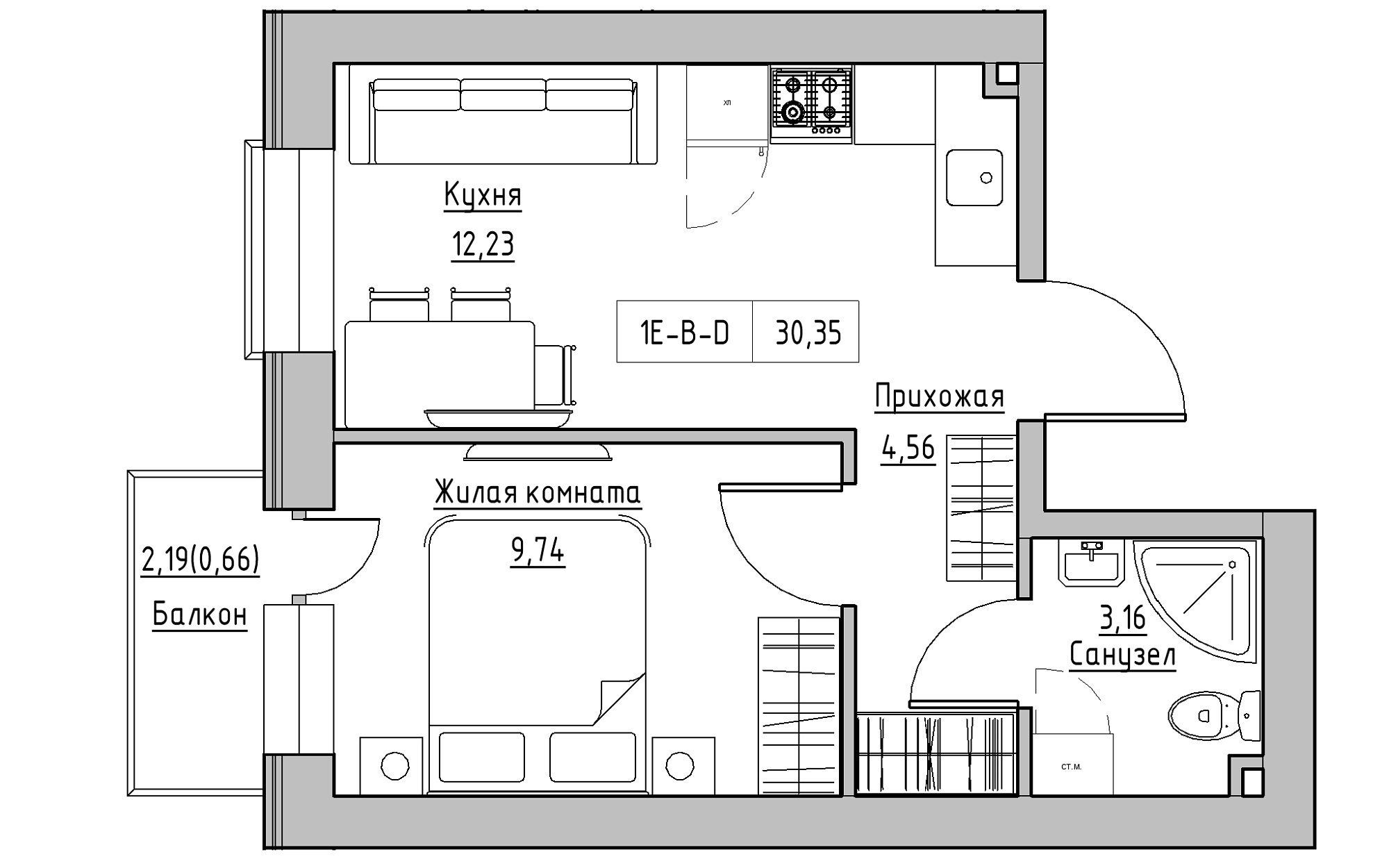 Планировка 1-к квартира площей 30.35м2, KS-022-02/0012.