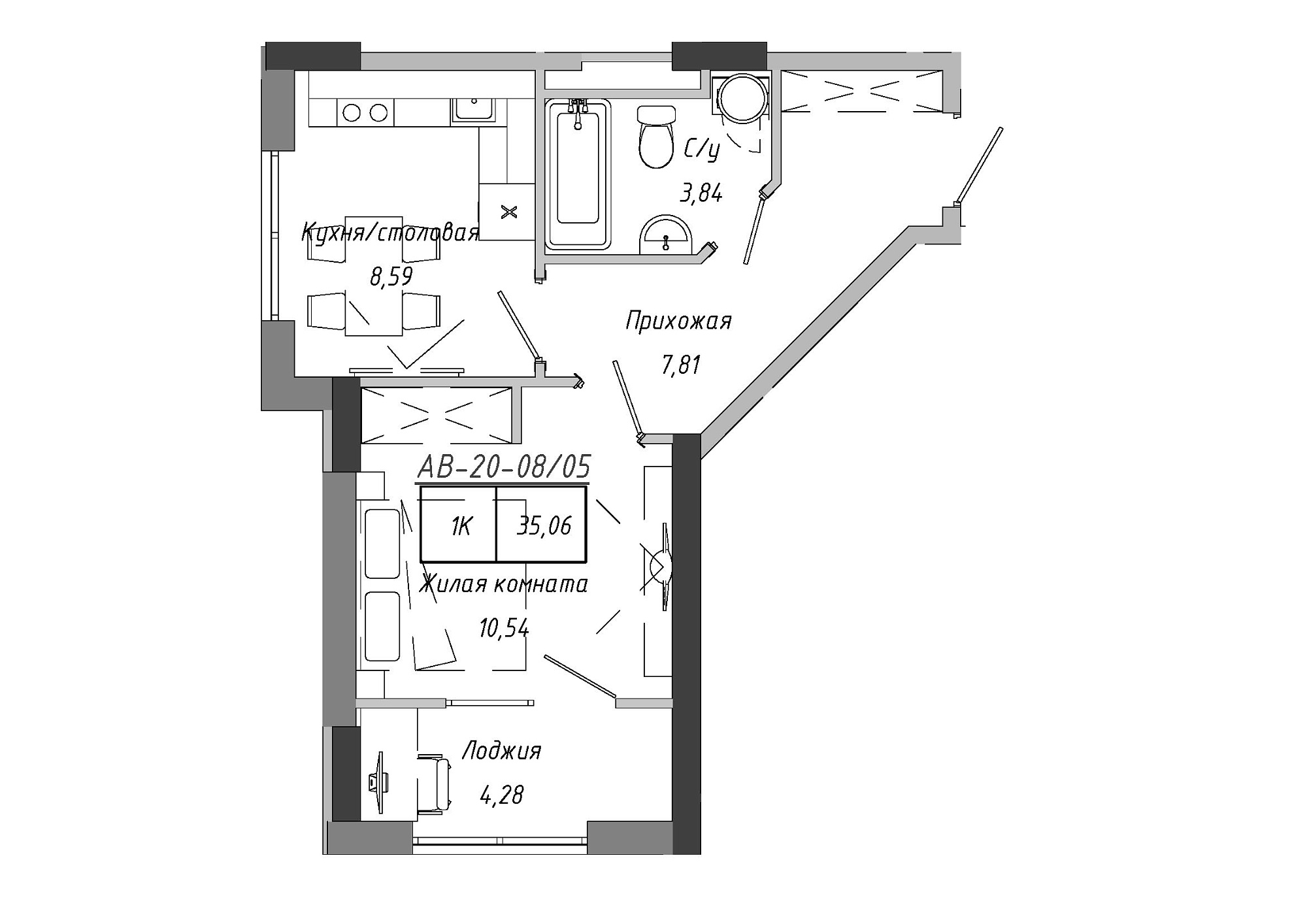 Планування 1-к квартира площею 33.55м2, AB-20-08/00005.