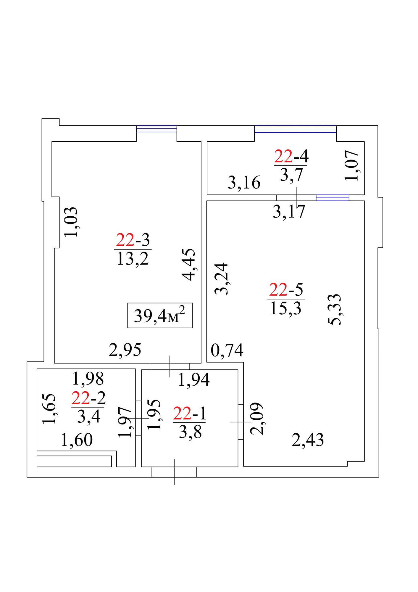 Planning 1-rm flats area 39.4m2, AB-01-03/00023.