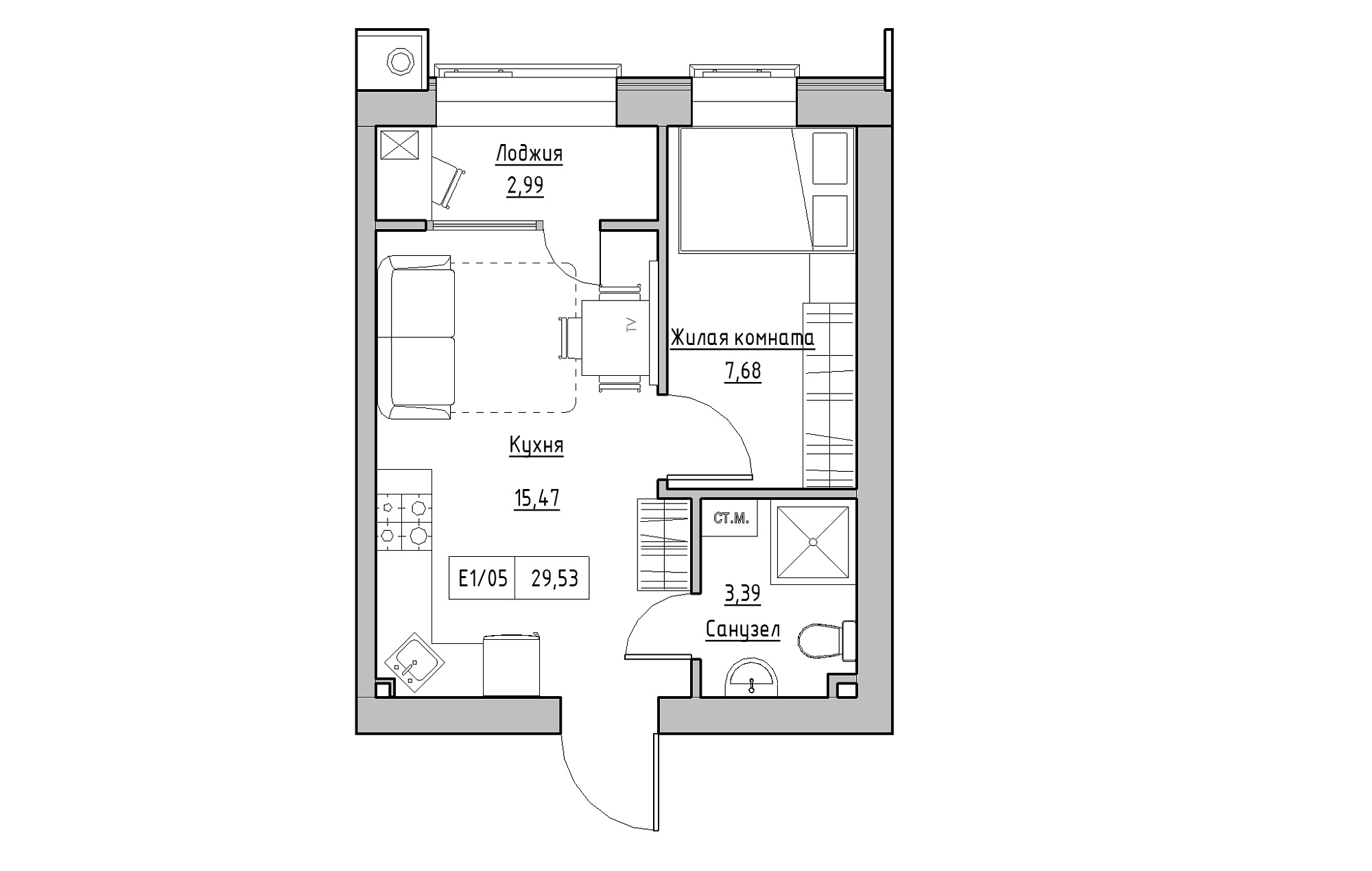 Планировка 1-к квартира площей 29.53м2, KS-013-01/0008.