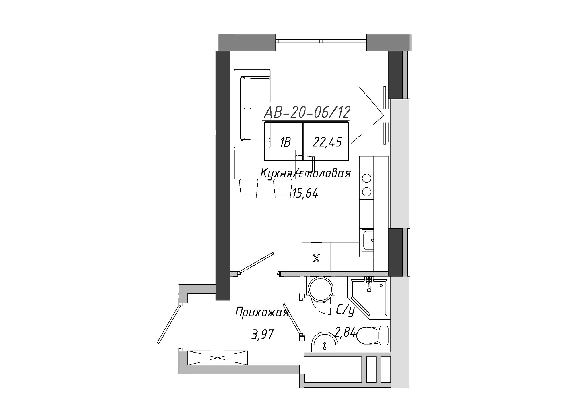 Планування Smart-квартира площею 21.87м2, AB-20-06/00012.