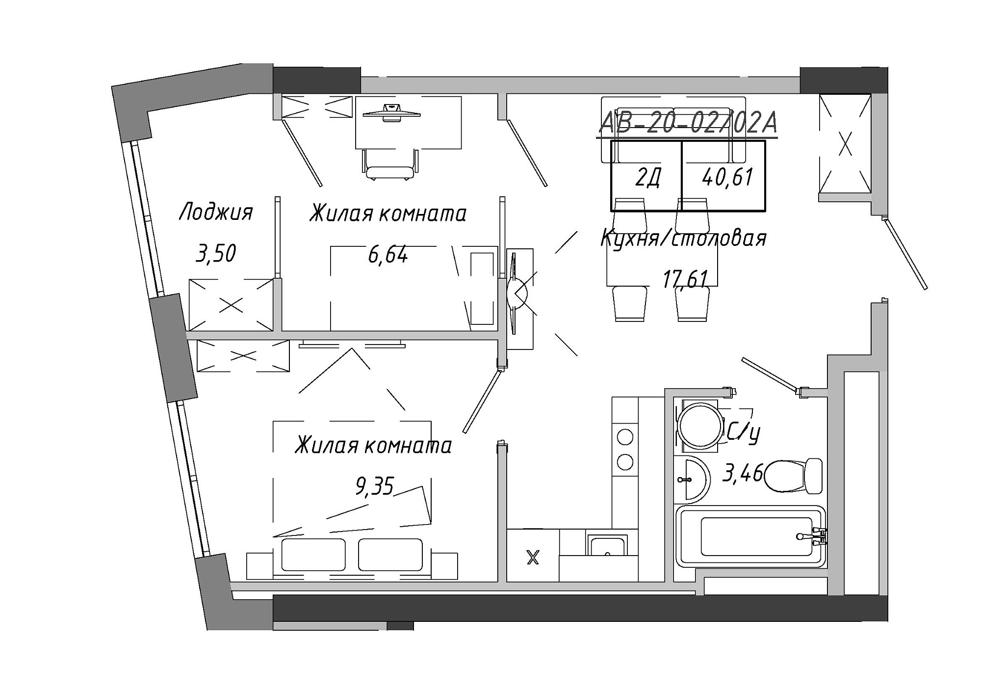 Планування 2-к квартира площею 40.61м2, AB-20-02/0002а.