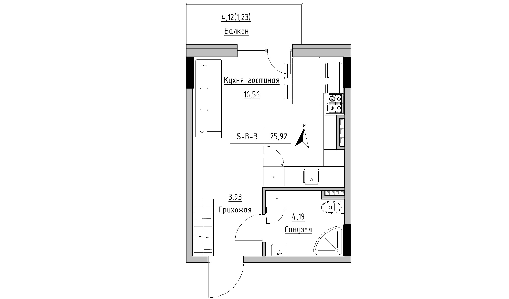 Планировка Smart-квартира площей 25.92м2, KS-025-03/0007.