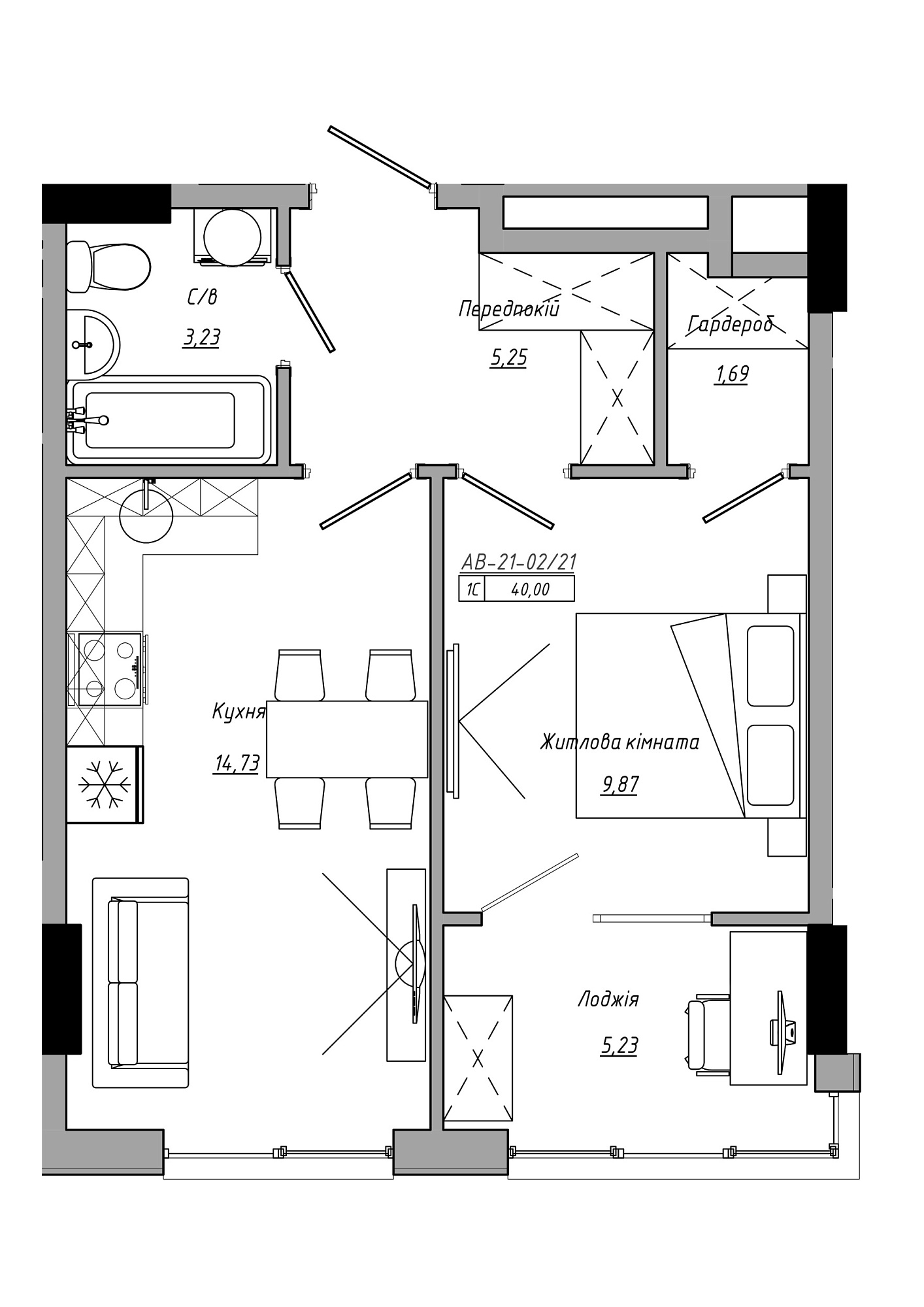 Planning 1-rm flats area 40m2, AB-21-02/00021.