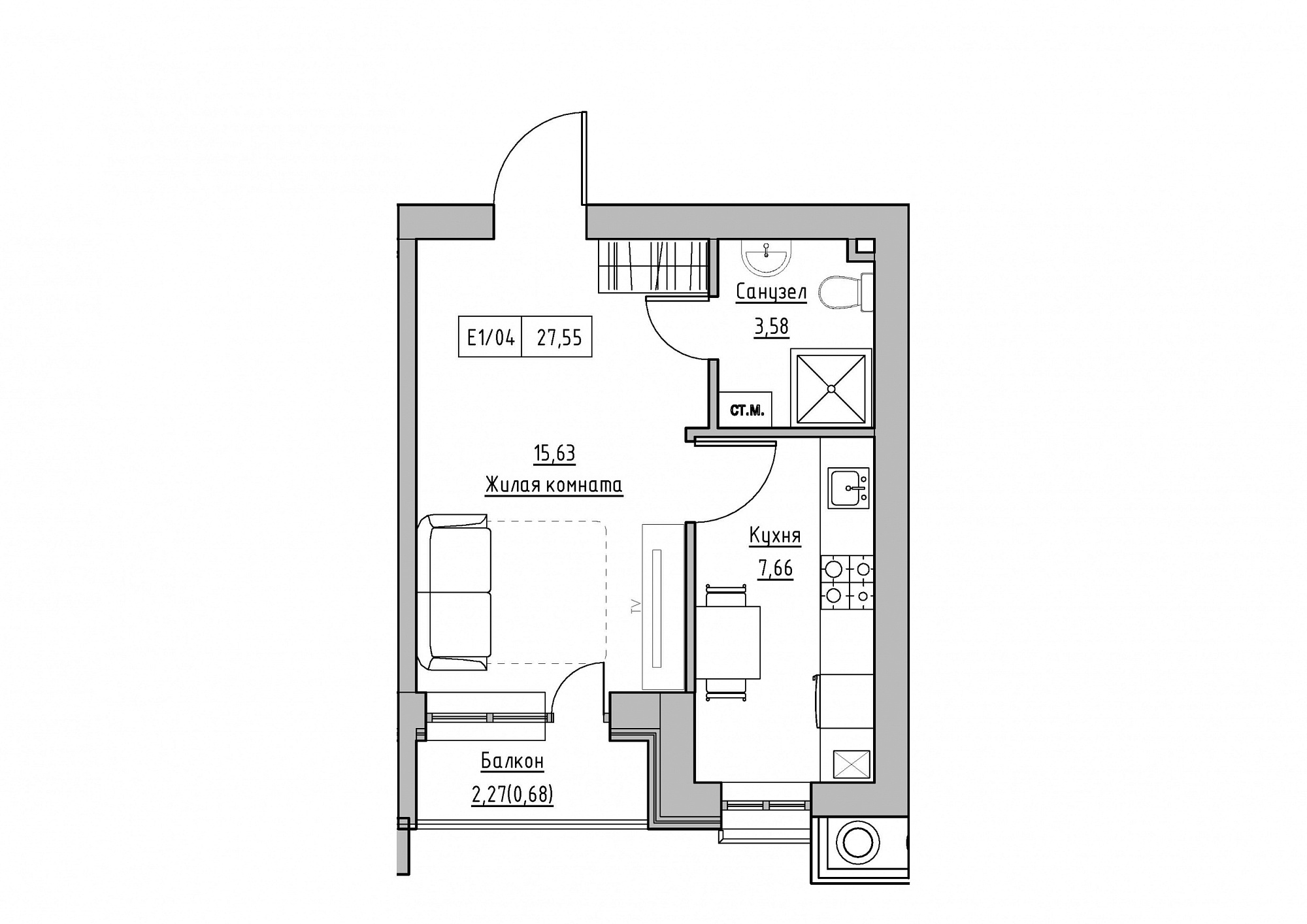 Планировка 1-к квартира площей 27.55м2, KS-012-05/0007.