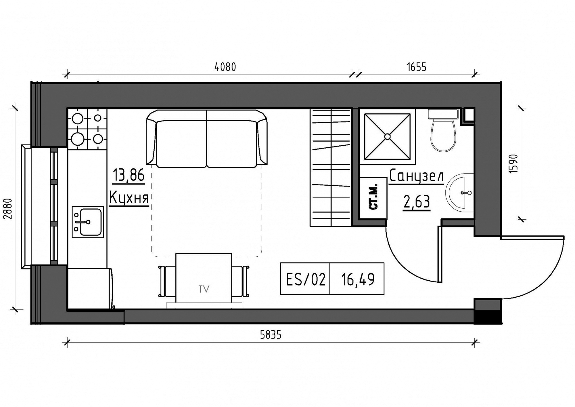 Планировка Smart-квартира площей 16.49м2, KS-012-01/0011.