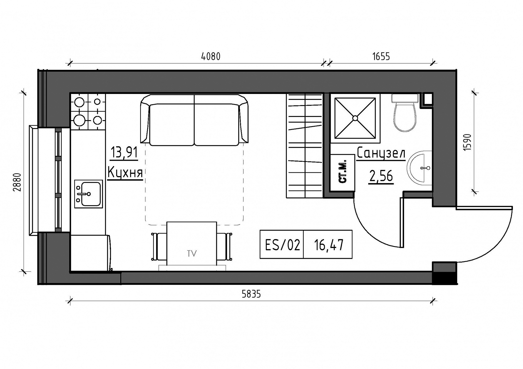 Планировка Smart-квартира площей 16.47м2, KS-012-02/0011.