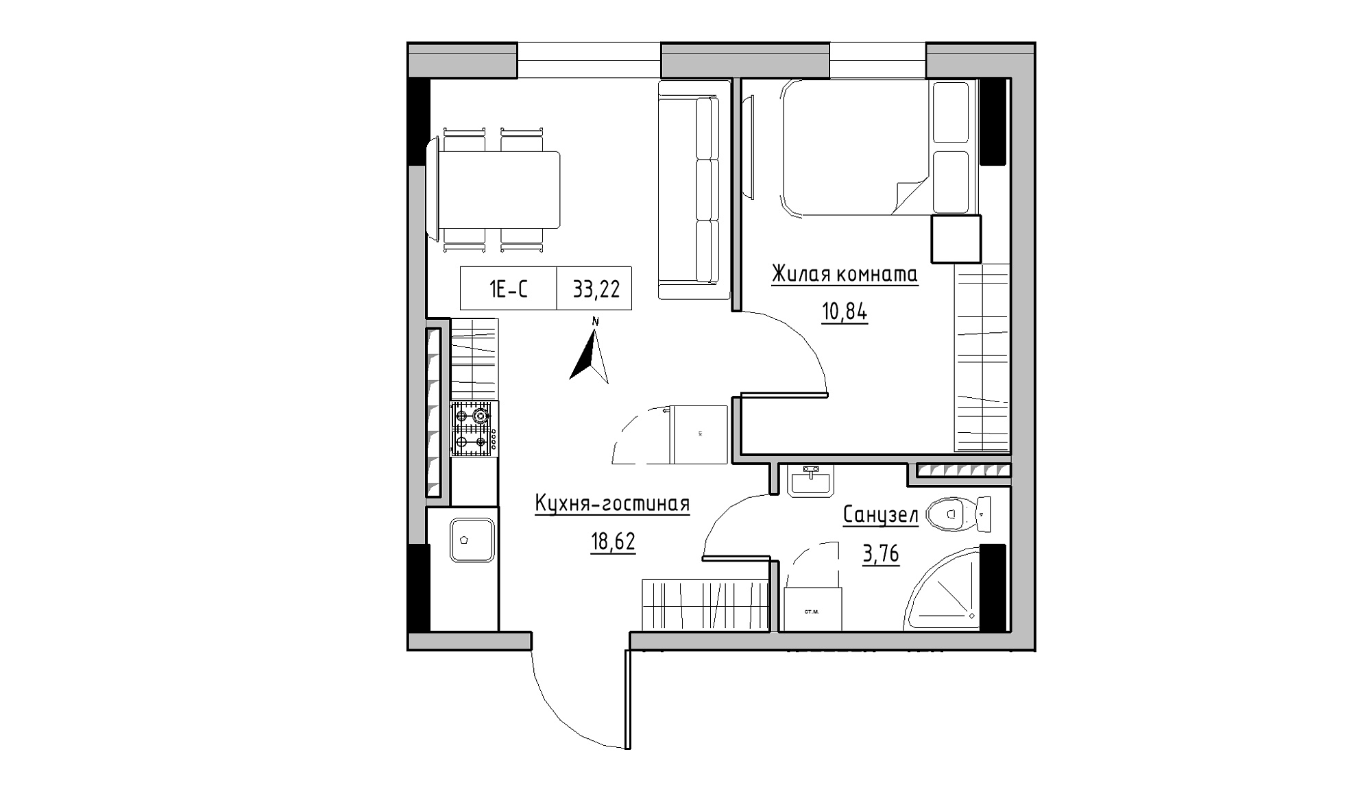 Планировка 1-к квартира площей 33.22м2, KS-025-05/0011.