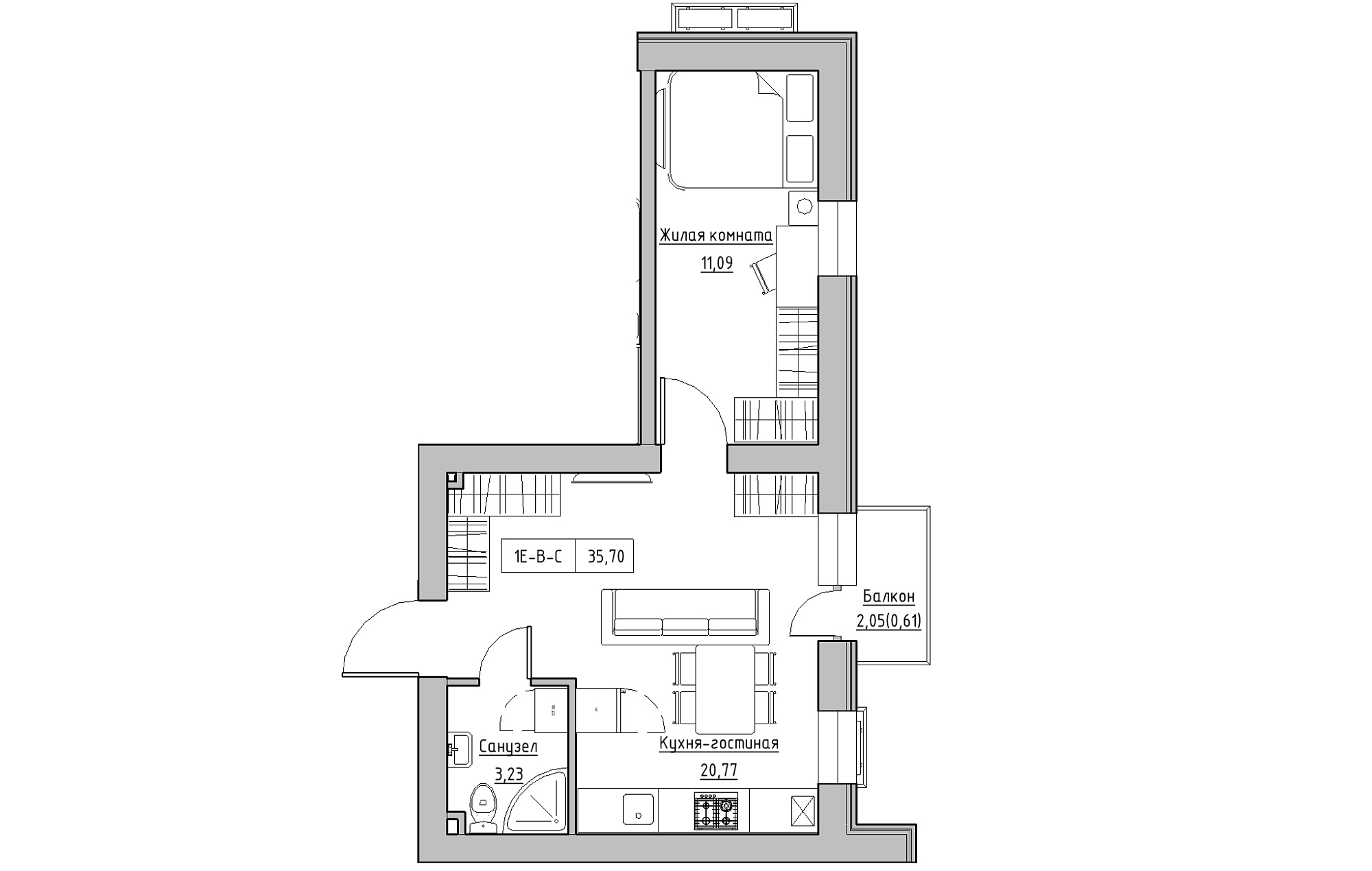 Планування 1-к квартира площею 35.7м2, KS-018-04/0009.