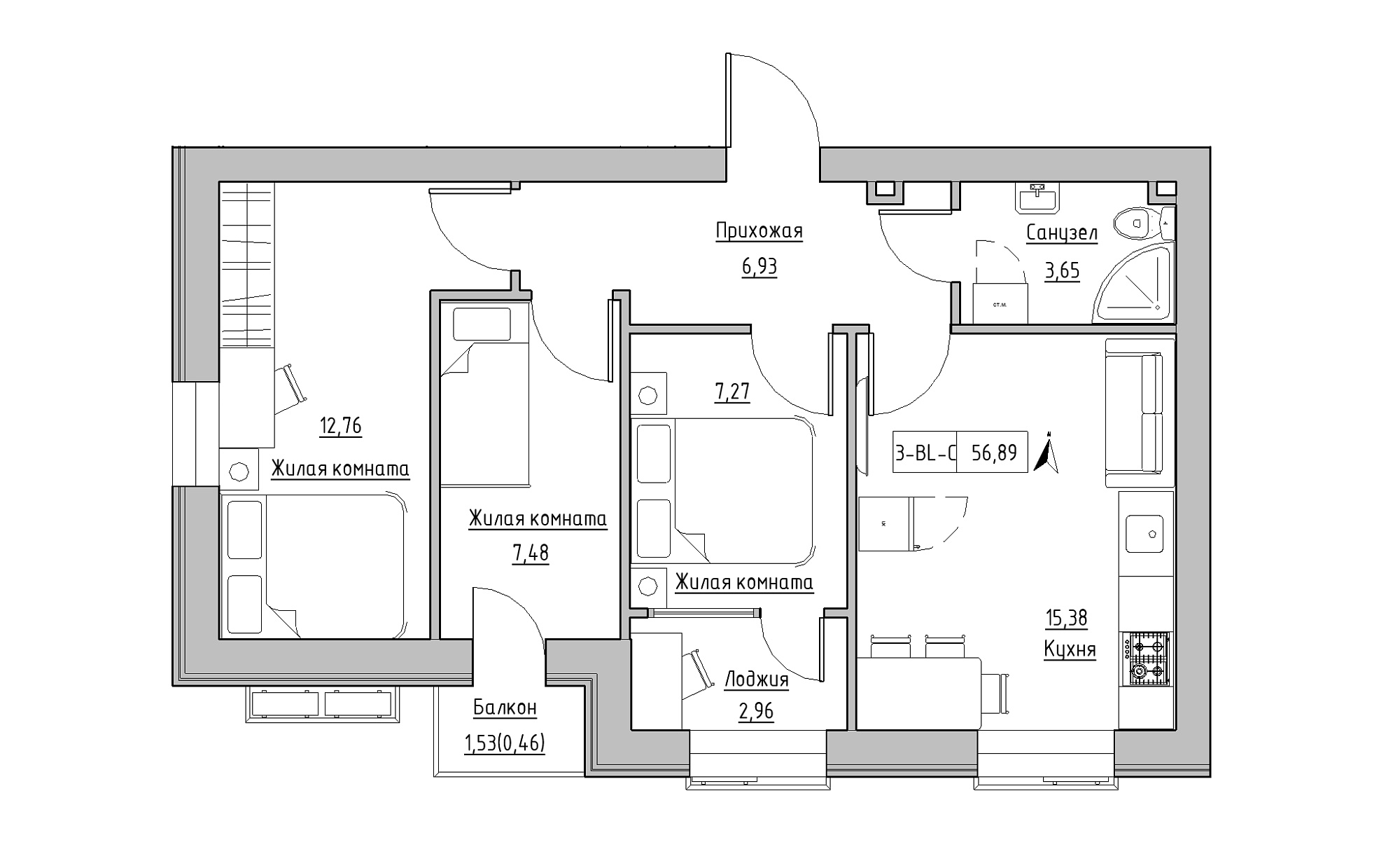 Планування 3-к квартира площею 56.89м2, KS-016-03/0008.