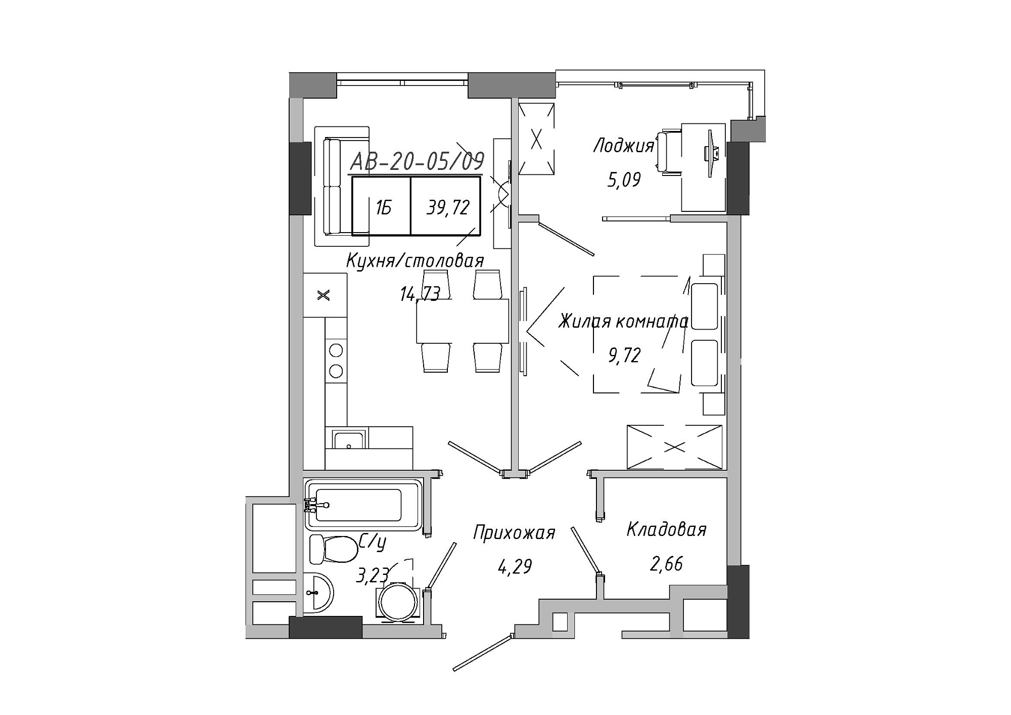 Планировка 1-к квартира площей 37.59м2, AB-20-05/00009.