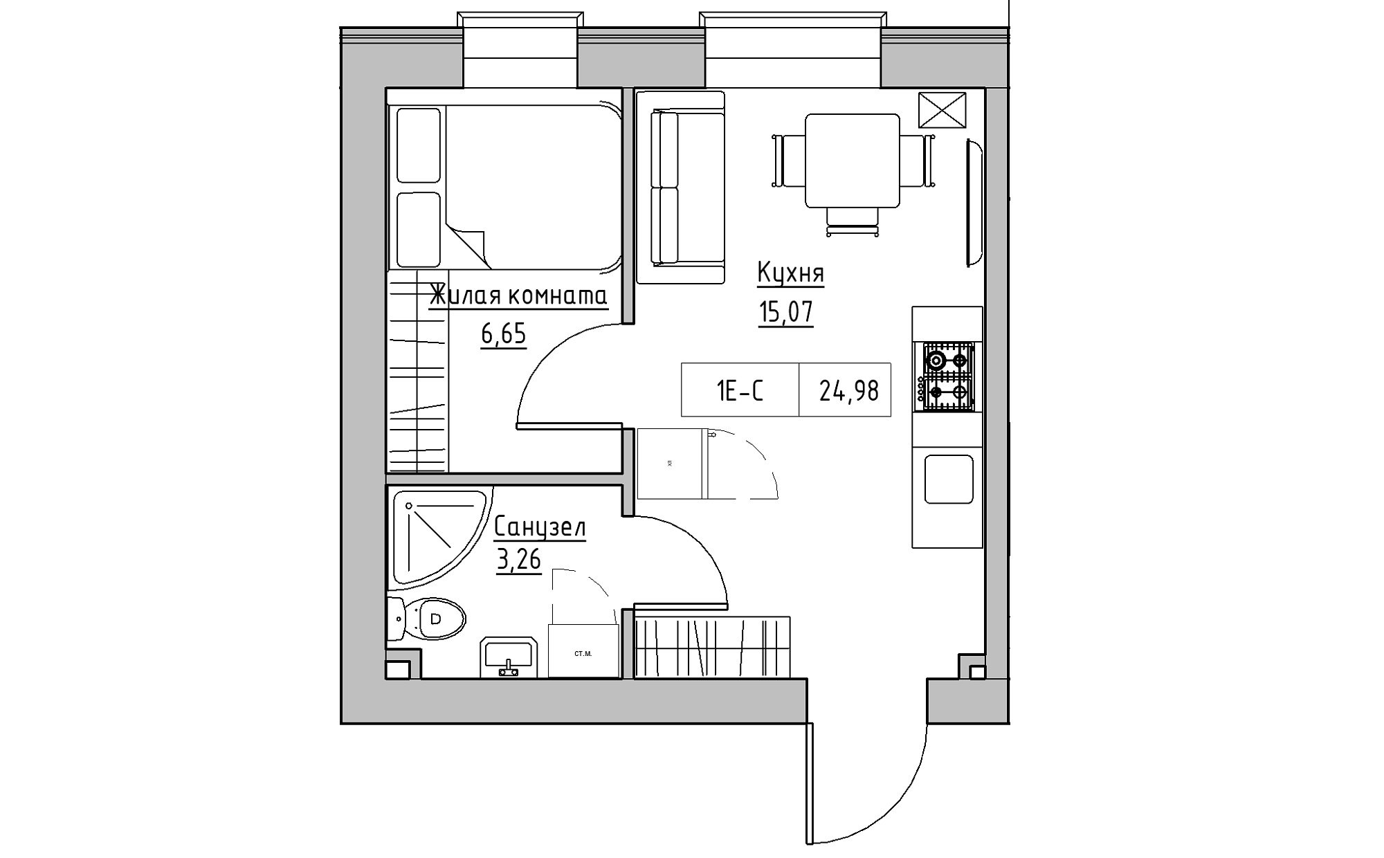 Планировка 1-к квартира площей 24.98м2, KS-022-01/0004.