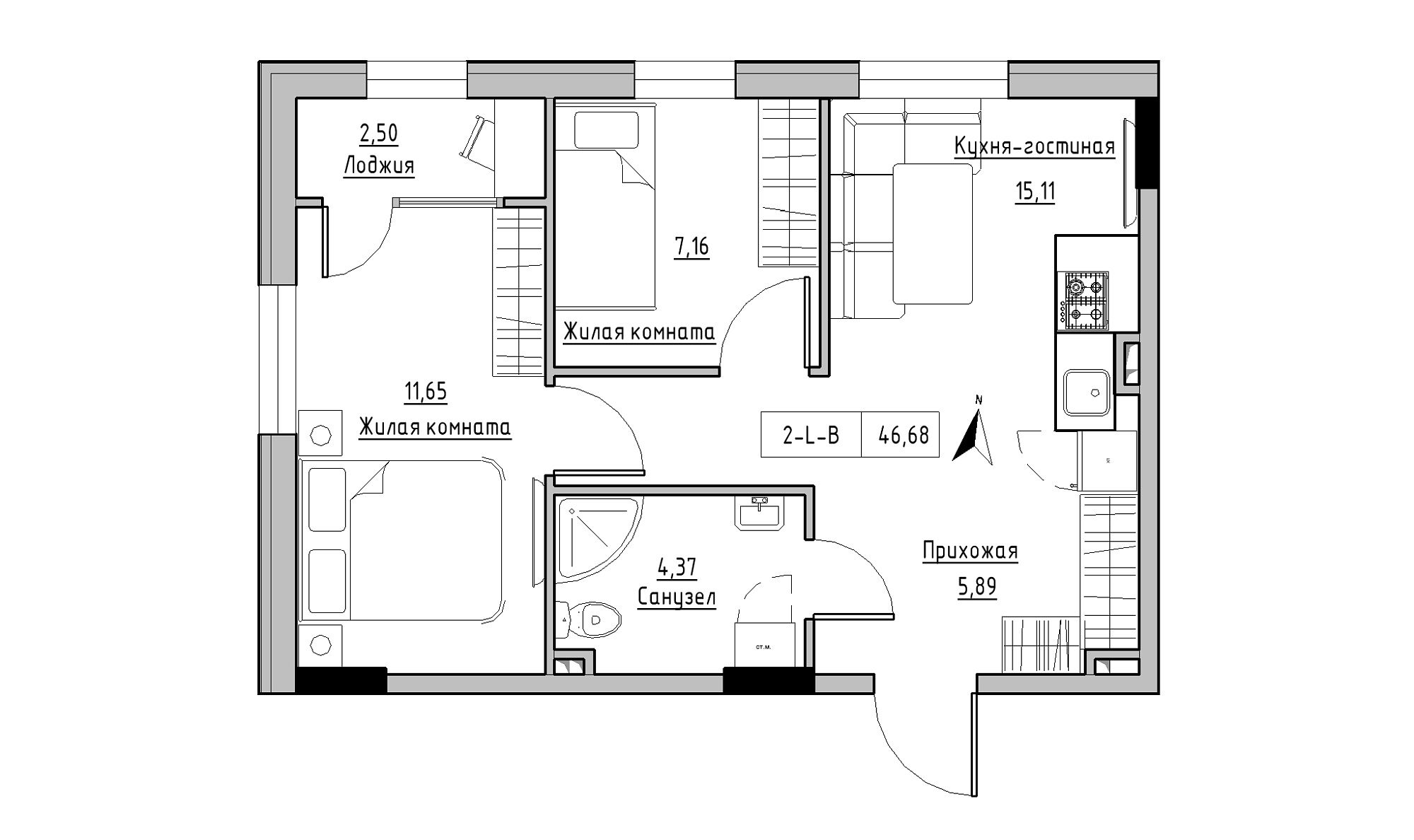 Планування 2-к квартира площею 46.68м2, KS-025-01/0006.