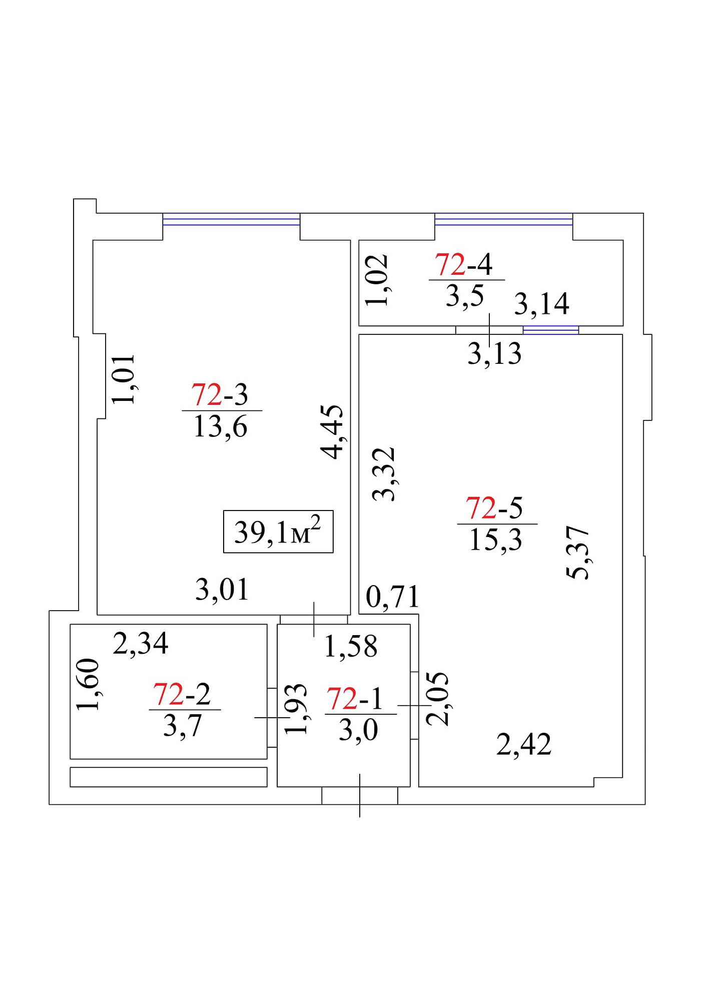 Планування 1-к квартира площею 39.1м2, AB-01-08/00068.