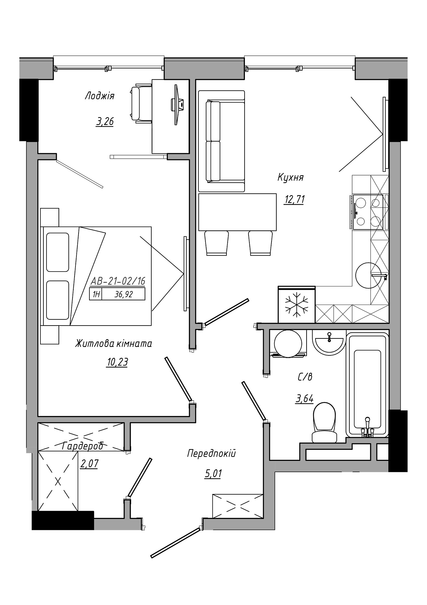 Планировка 1-к квартира площей 36.92м2, AB-21-02/00016.