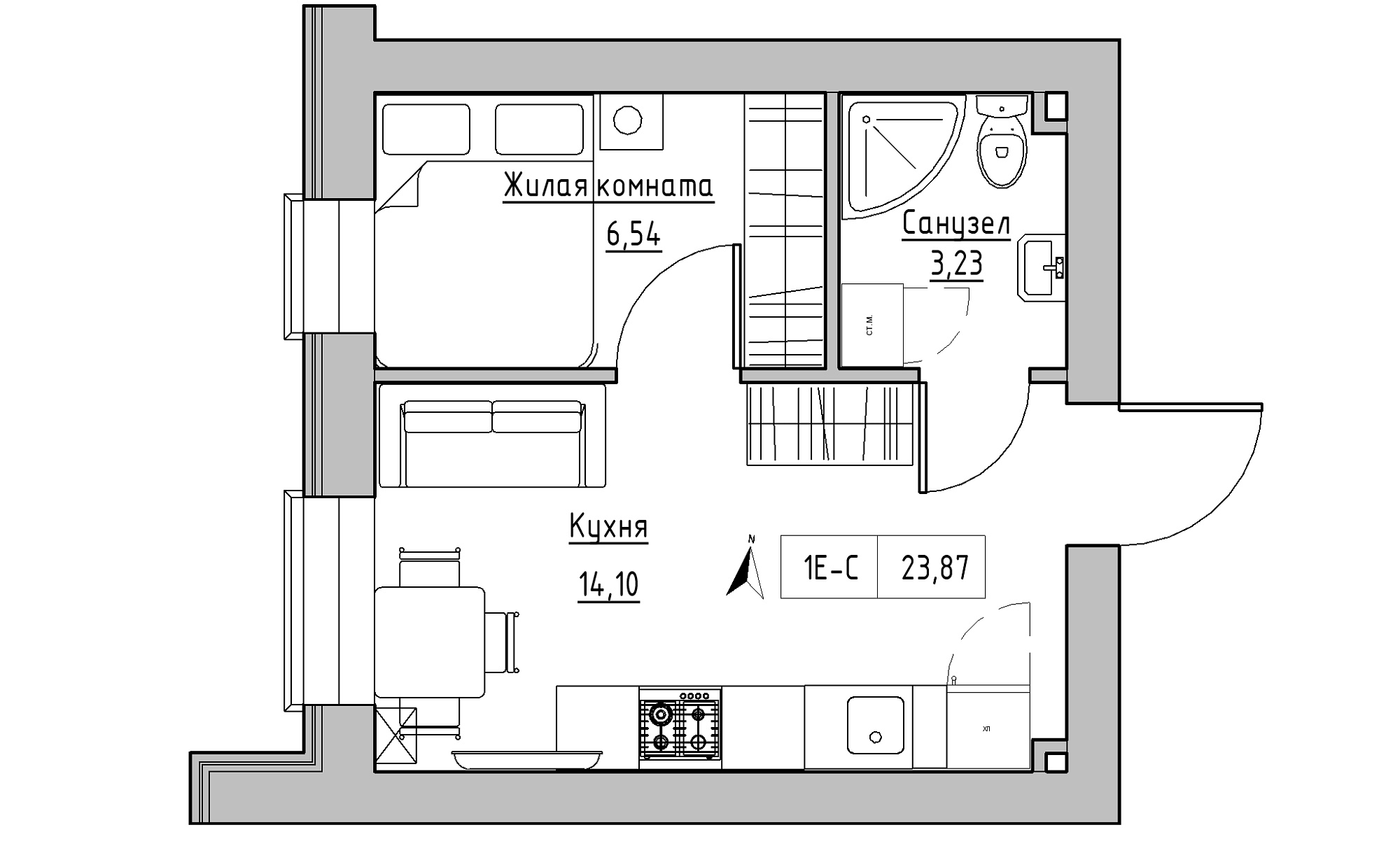 Планировка 1-к квартира площей 23.87м2, KS-016-05/0015.