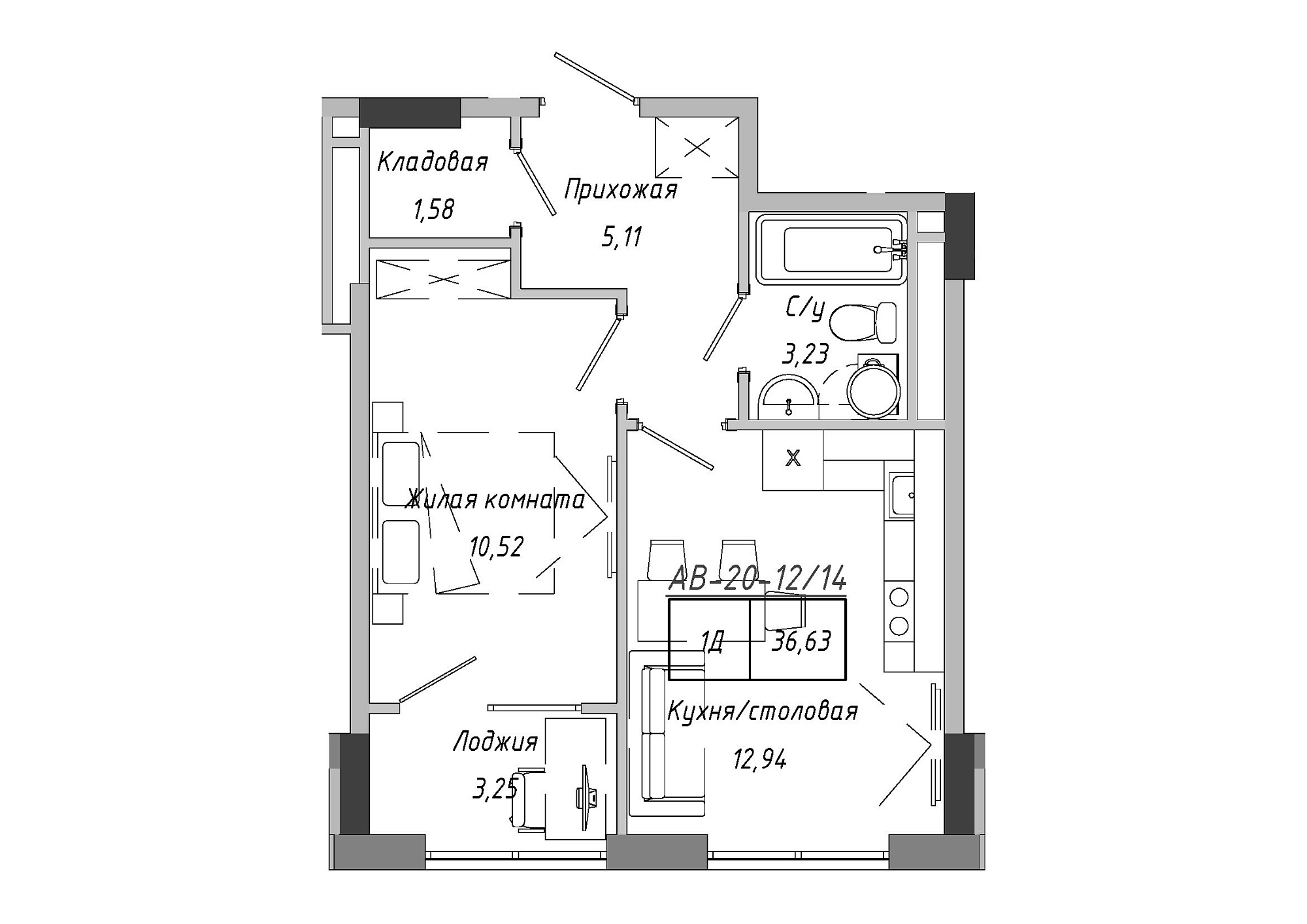 Планировка 1-к квартира площей 36.96м2, AB-20-12/00014.