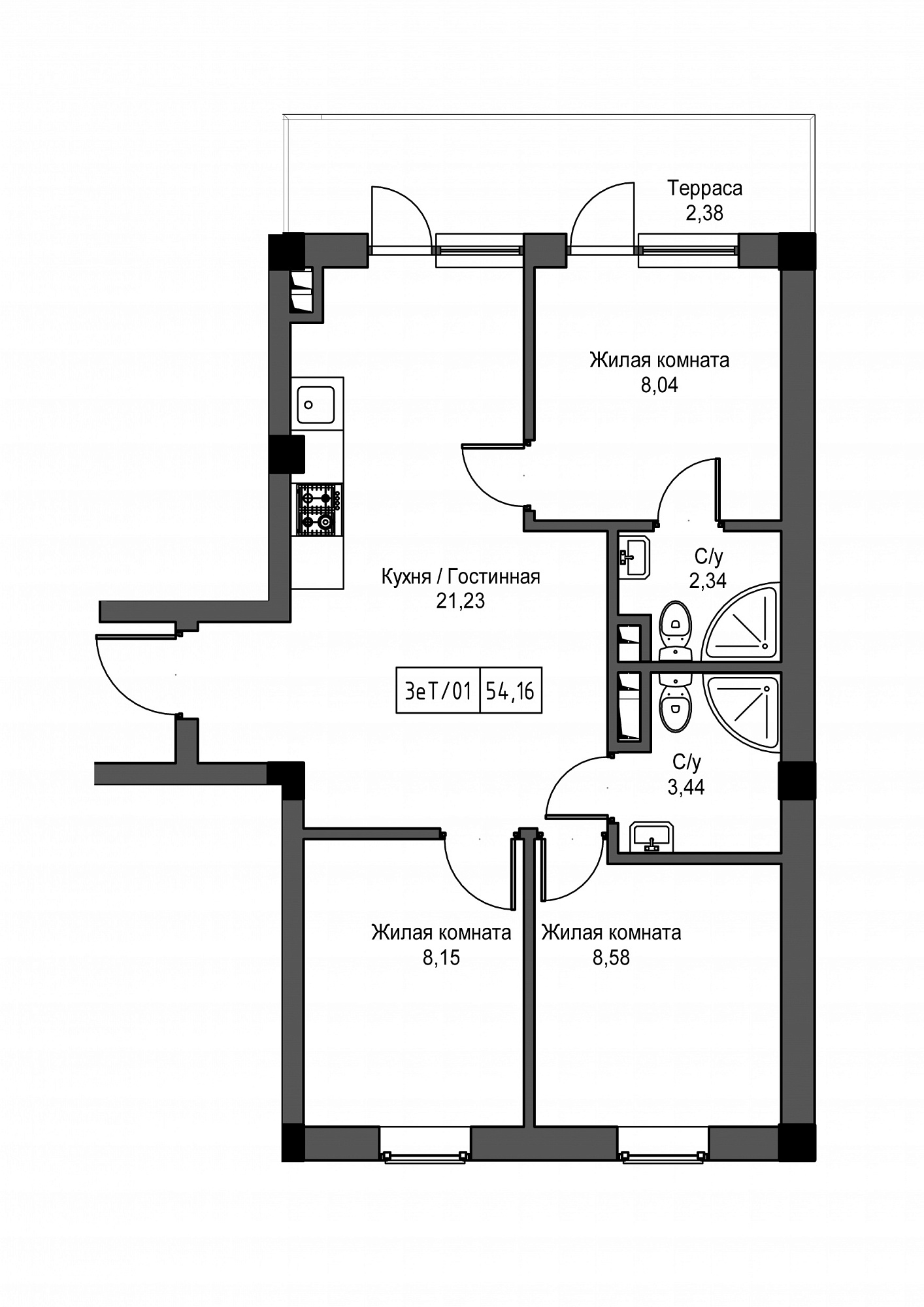 Планування 3-к квартира площею 54.16м2, UM-002-02/0103.