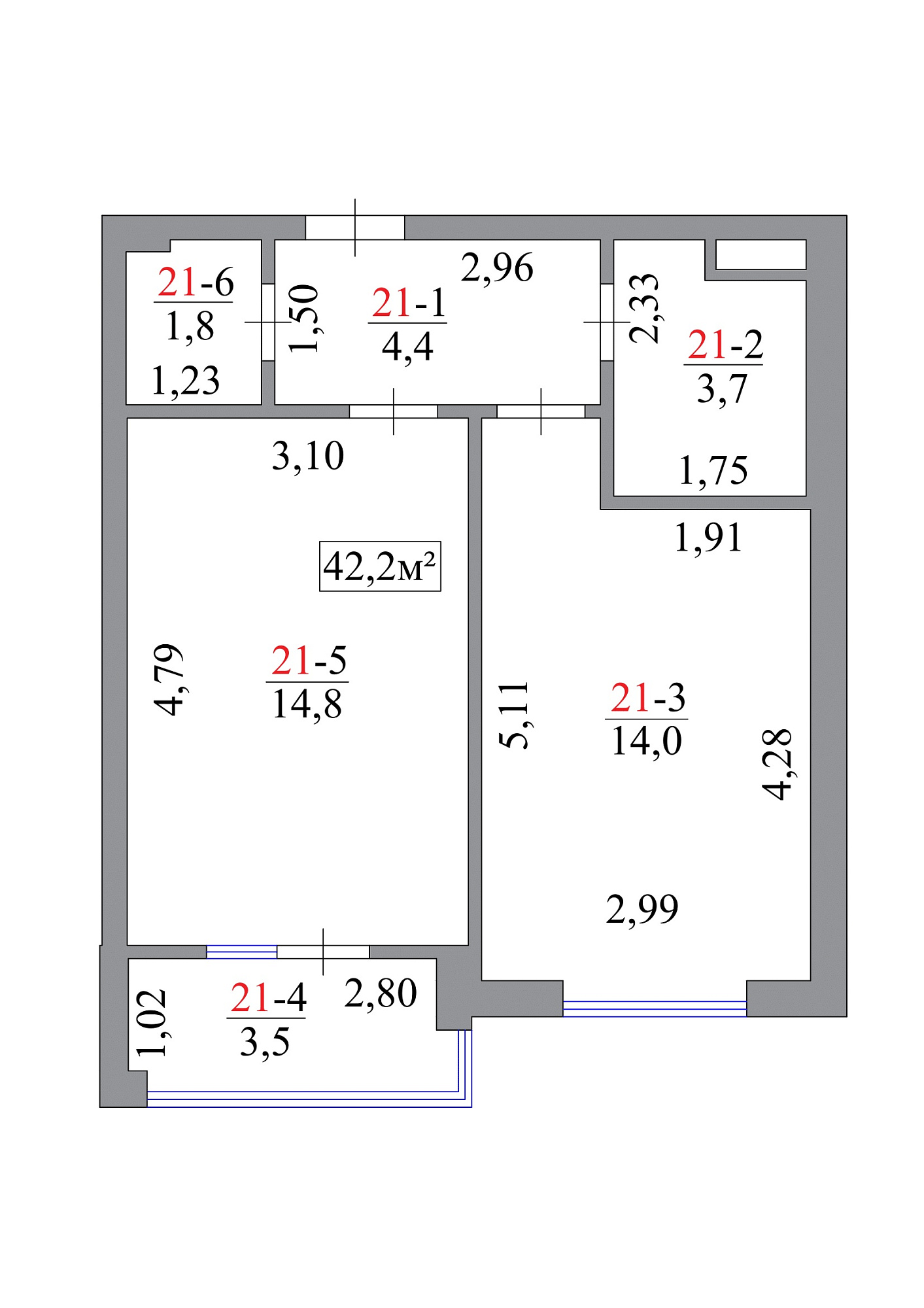 Планировка 1-к квартира площей 42.2м2, AB-07-03/00019.