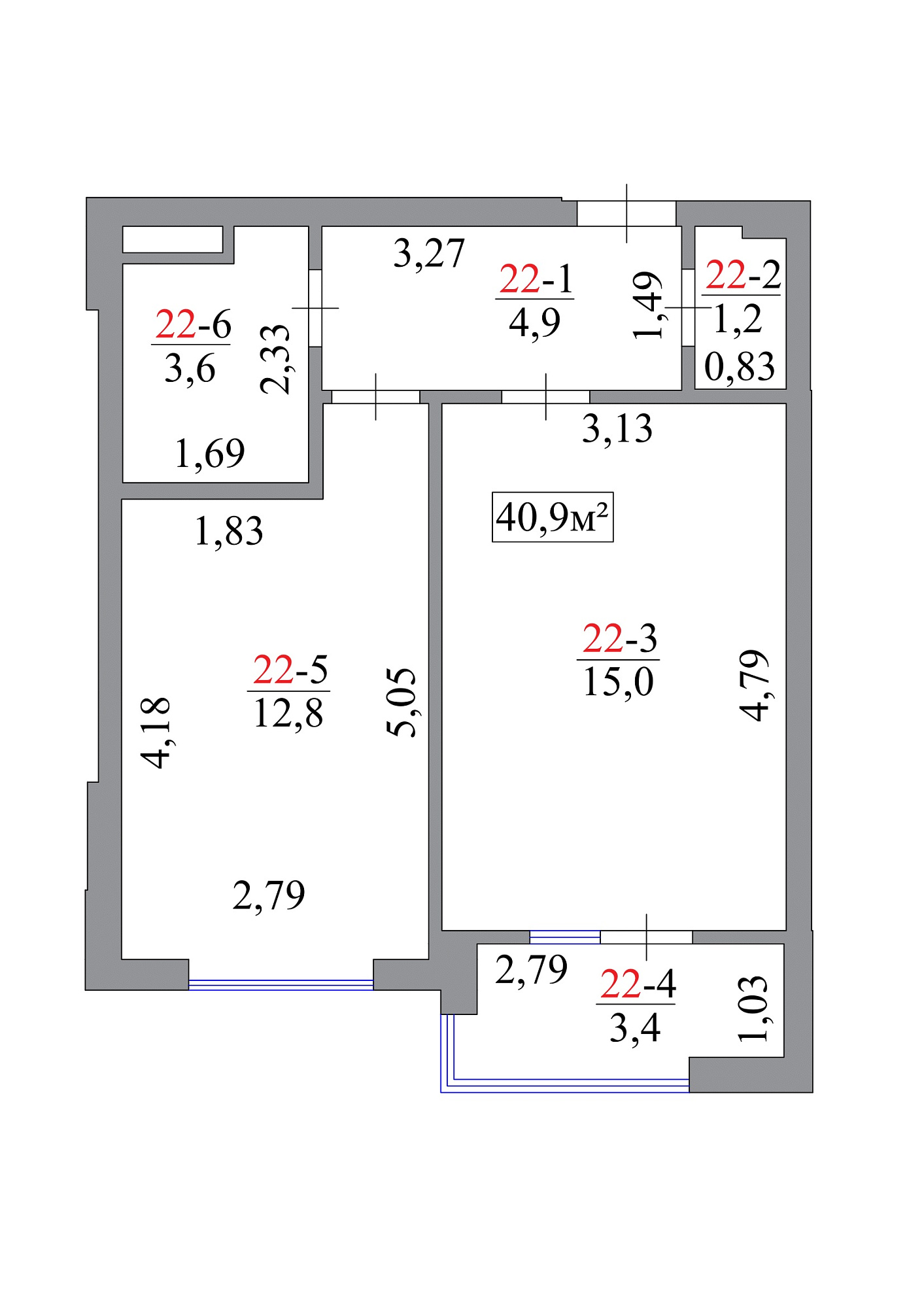 Планировка 1-к квартира площей 40.9м2, AB-07-03/00020.