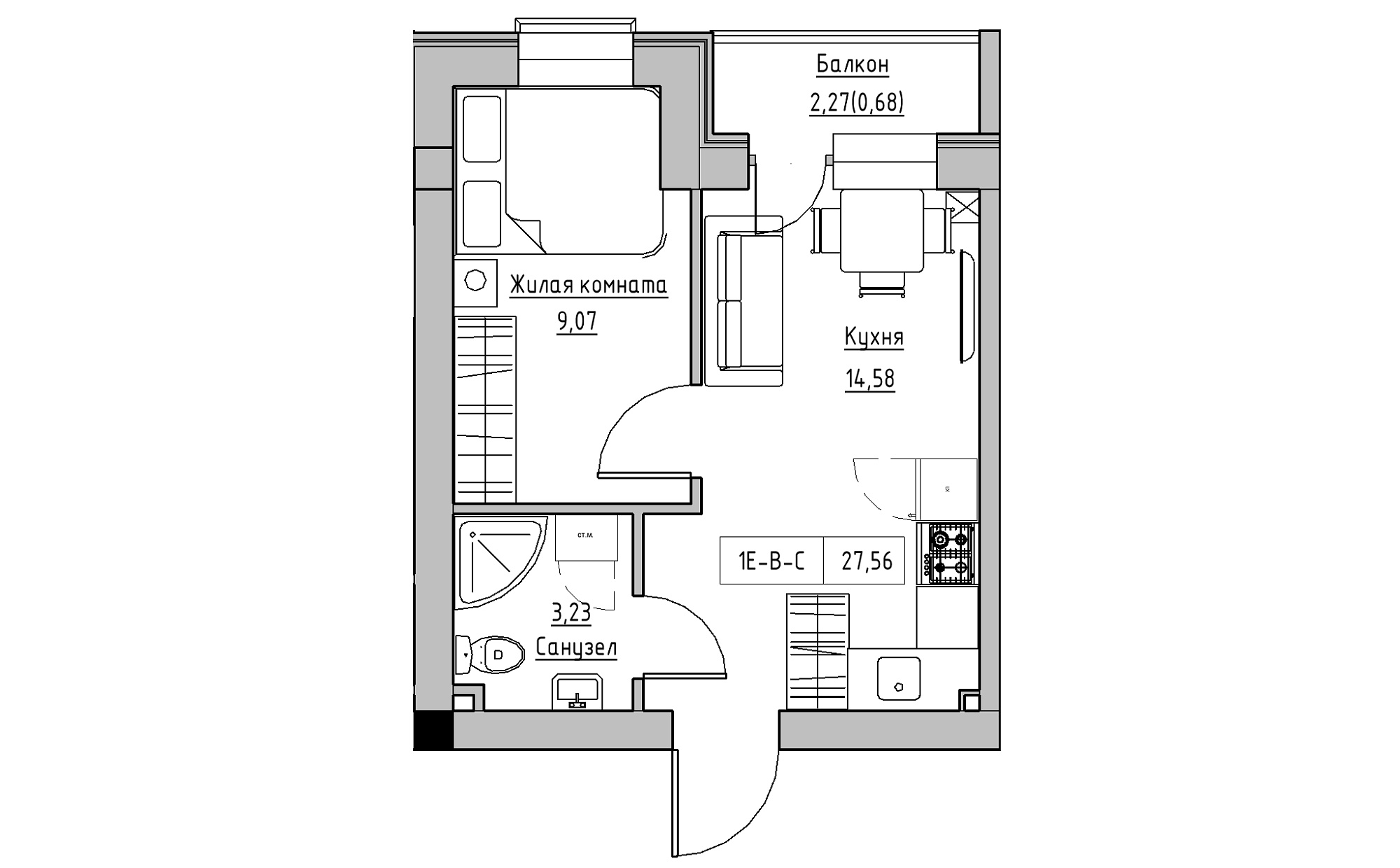Планування 1-к квартира площею 27.56м2, KS-022-05/0007.