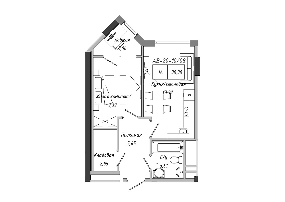 Planning 1-rm flats area 38.85m2, 35972de6-6534-11ea-ba99-00155d42e317.