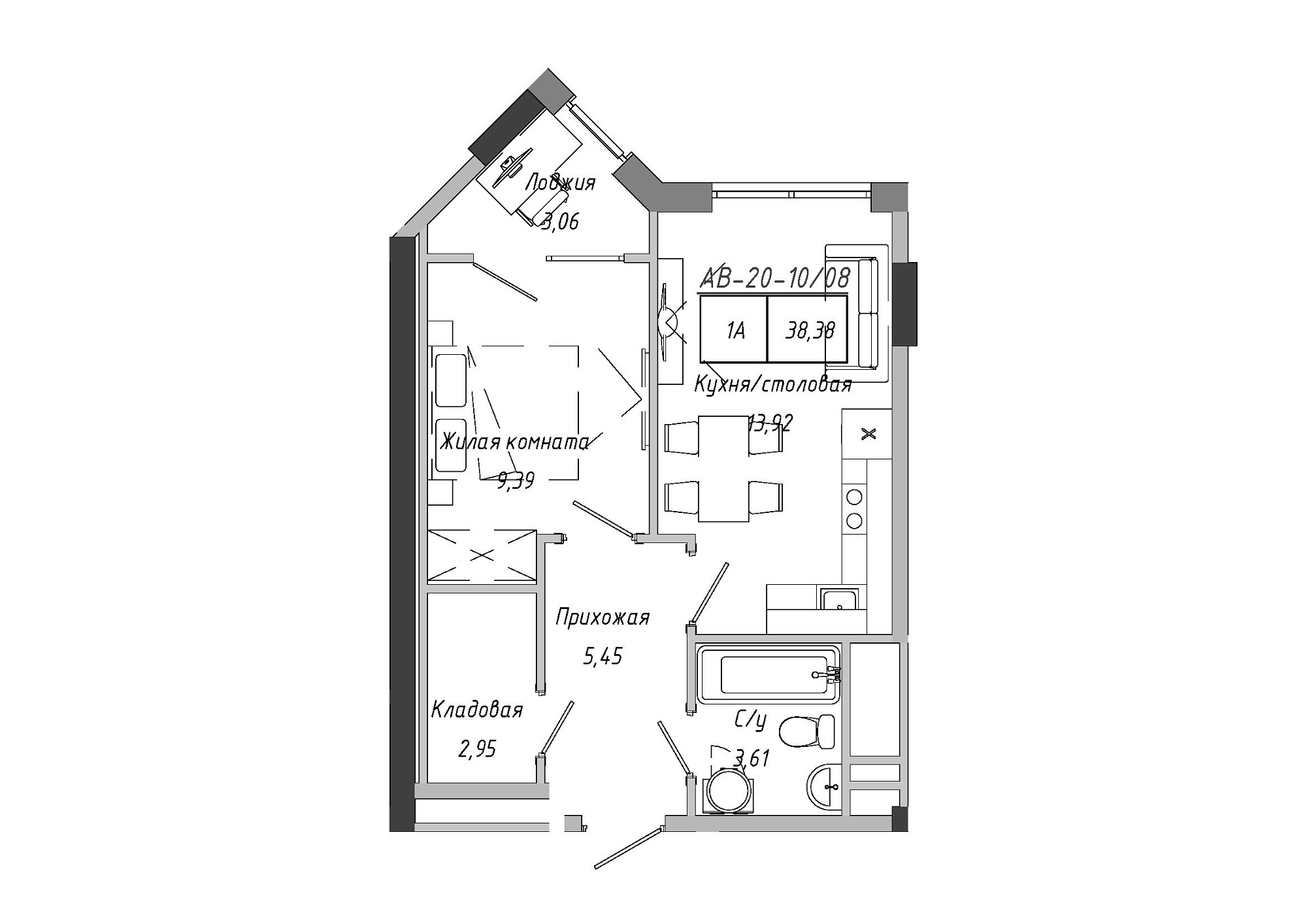 Планировка 1-к квартира площей 38.85м2, AB-20-10/00008.