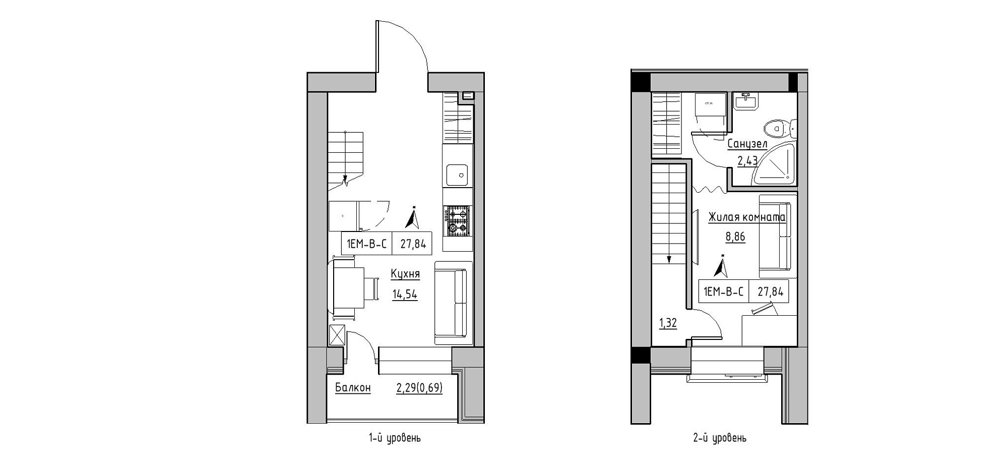 Planning 2-lvl flats area 27.84m2, KS-020-05/0010.