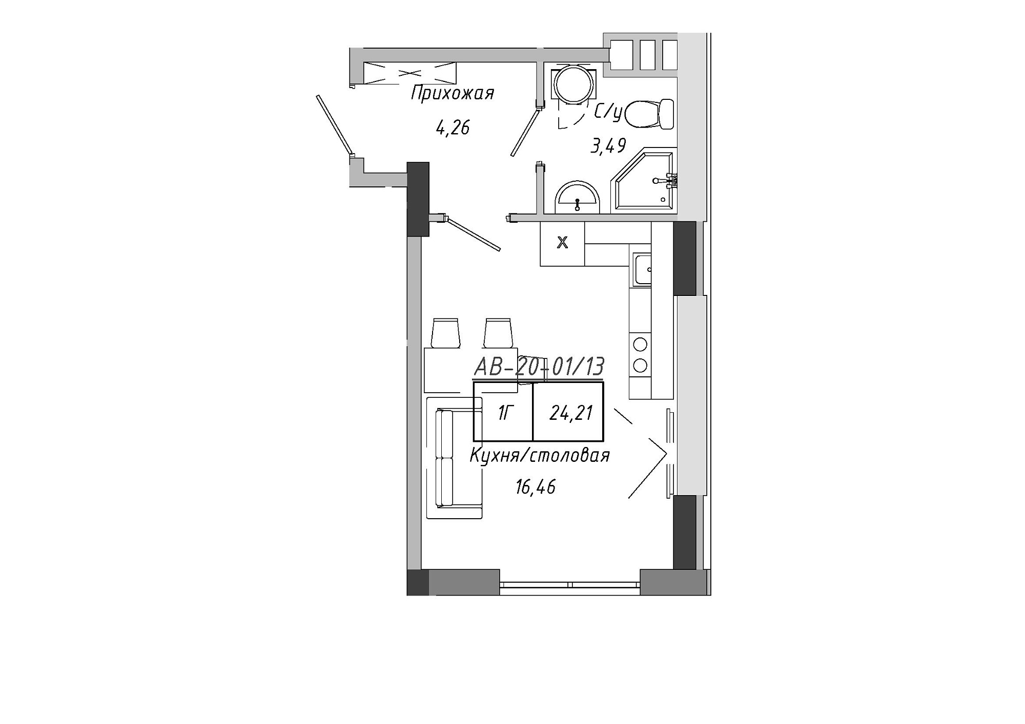 Планування Smart-квартира площею 24.21м2, AB-20-01/00013.