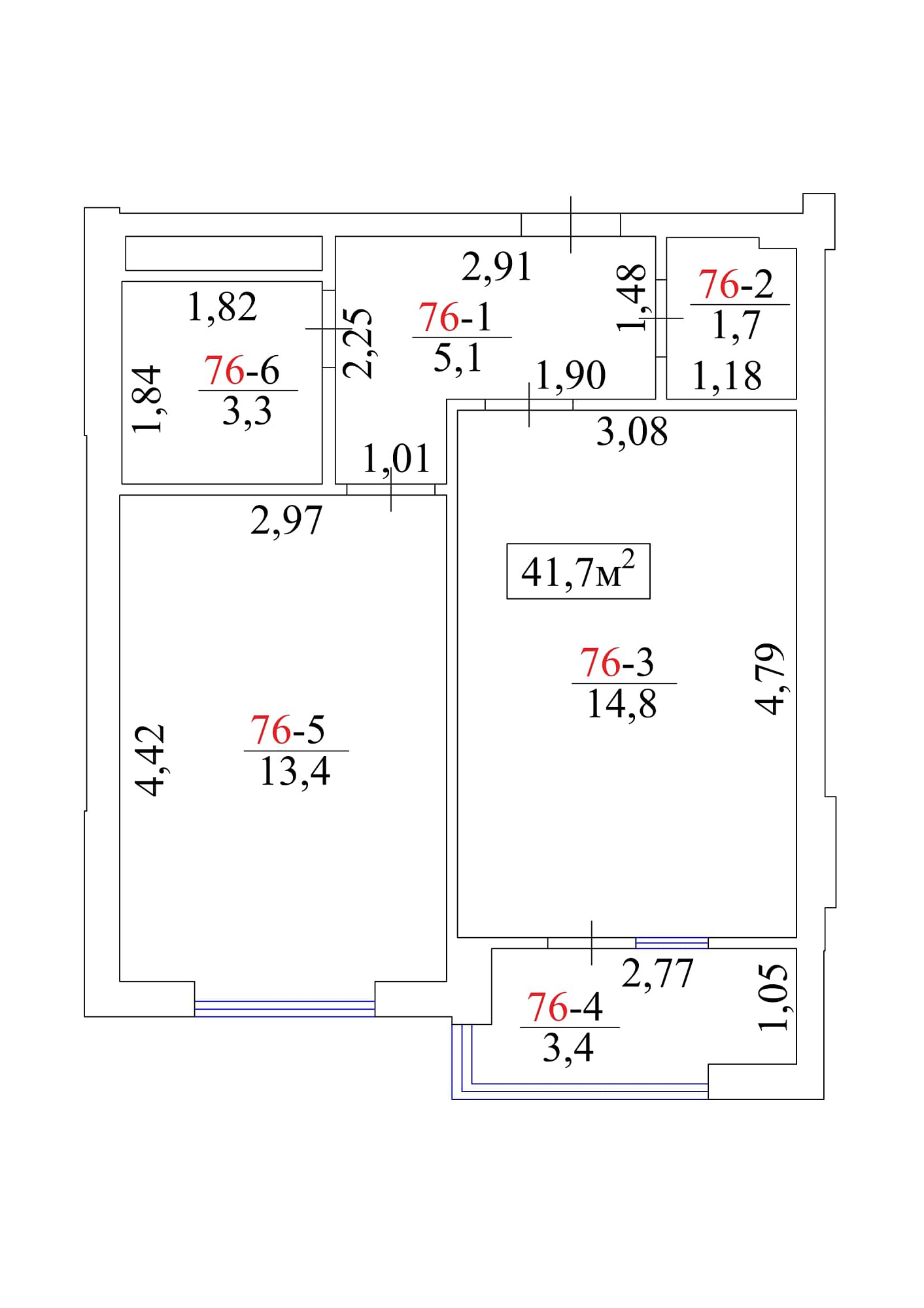 Планировка 1-к квартира площей 41.7м2, AB-01-08/00071.