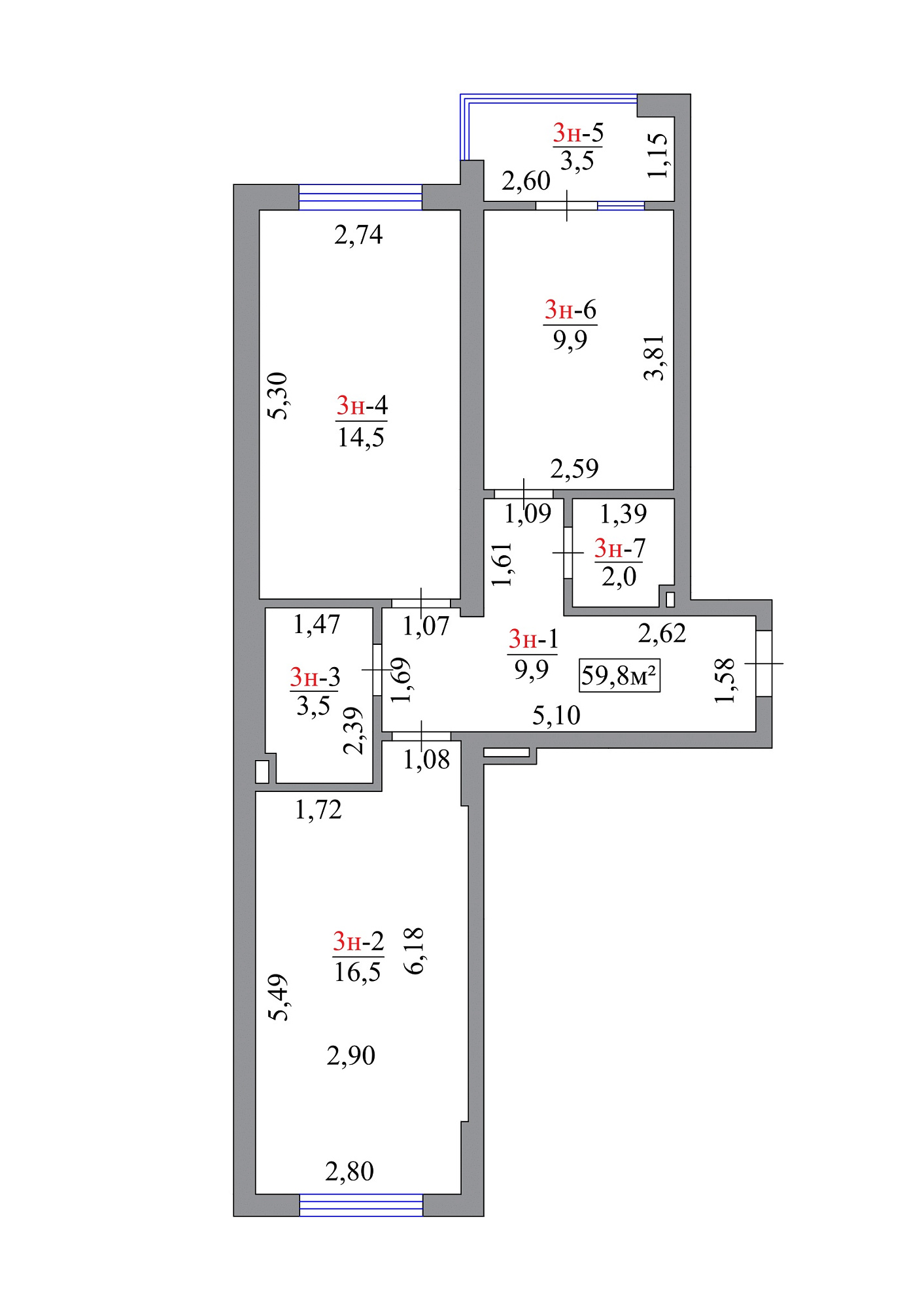Planning 2-rm flats area 59.8m2, AB-07-01/00003.