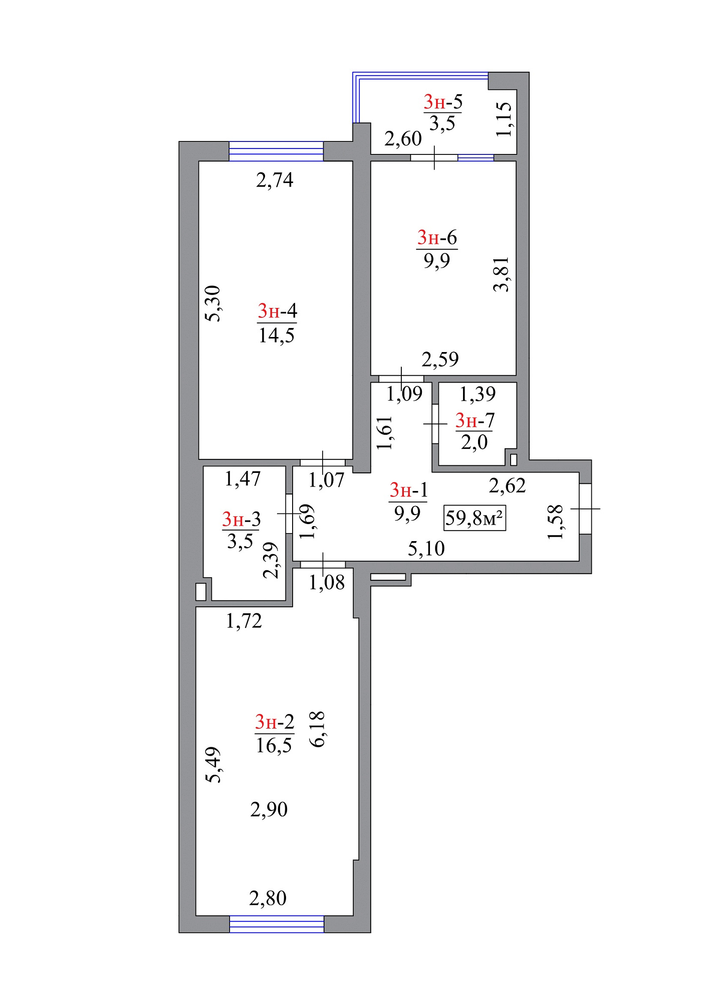 Планировка 2-к квартира площей 59.8м2, AB-07-01/00003.