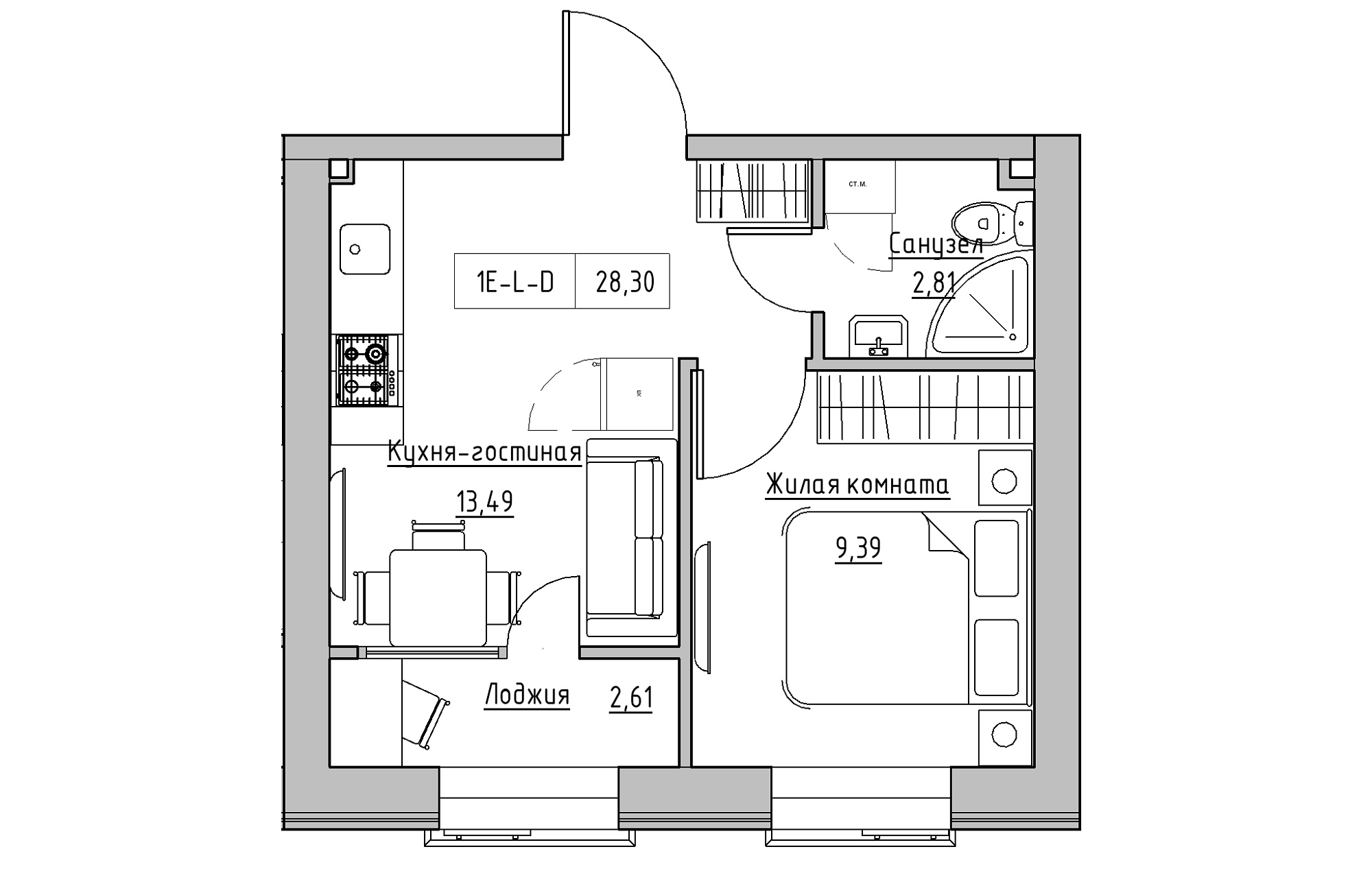 Планування 1-к квартира площею 28.3м2, KS-018-05/0001.